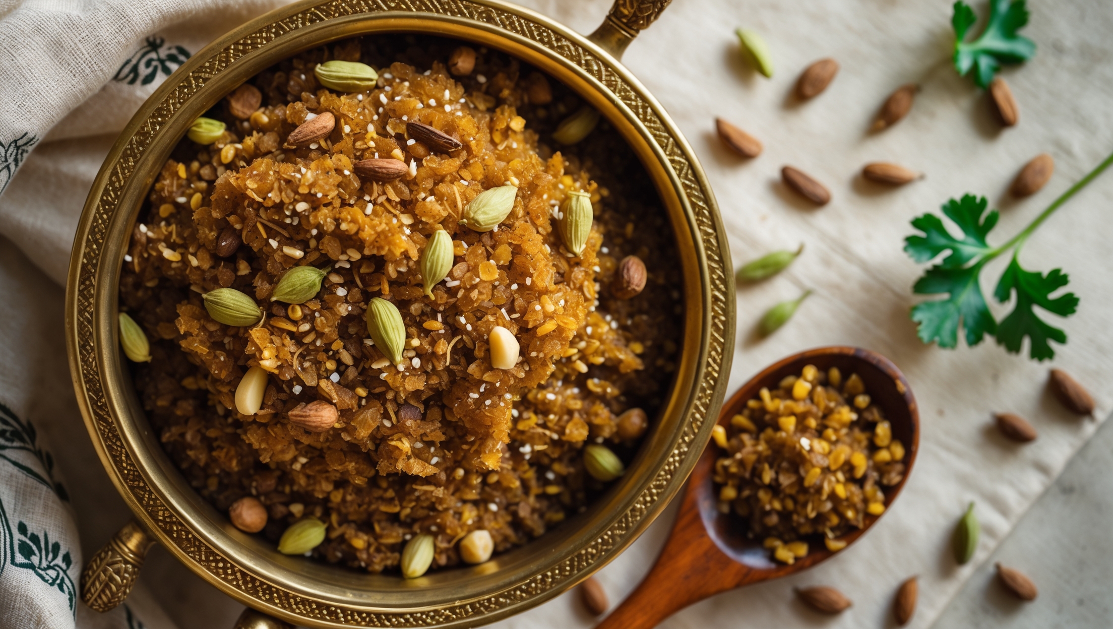 An overhead shot of golden-brown Dhaniya Panjiri piled in a traditional brass katori, with intricate designs catching the soft natural light. Scattered around the vessel are whole coriander seeds, cardamom pods, and assorted nuts creating visual texture. A wooden spoon rests beside the dish, with a small amount of the mixture visible, revealing the grainy texture studded with chopped nuts and glistening ghee. The warm color palette of amber, brown, and cream is captured against a background of natural linen cloth with subtle Indian textile prints, while a few fresh coriander leaves provide a pop of green contrast.
