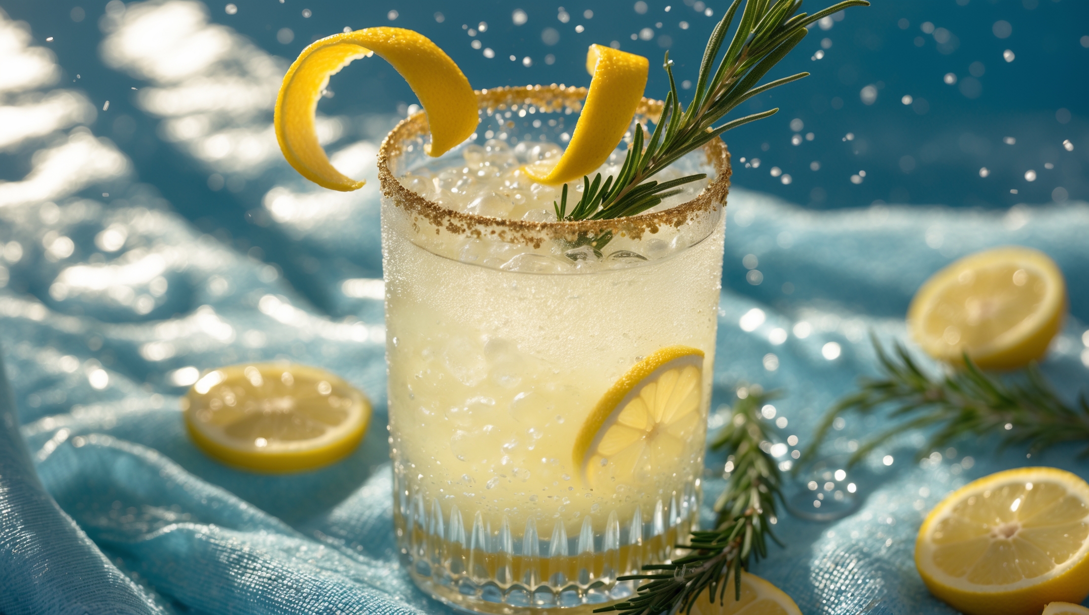 Captured in bright natural sunlight, this Amalfi Lemon Tonic Mocktail sparkles in a crystal-clear highball glass with a delicate gold rim. The drink features layers of pale yellow liquid with dancing bubbles rising through crushed ice. A twist of vibrant yellow Amalfi lemon peel curls along the rim, while a sprig of fresh rosemary stands tall as a garnish, casting subtle shadows across the surface. Scattered lemon slices and fresh rosemary sprigs surround the base of the glass, which sits on a textured blue linen reminiscent of Mediterranean waters. Tiny water droplets form on the outside of the glass, highlighting the drink's refreshing nature.