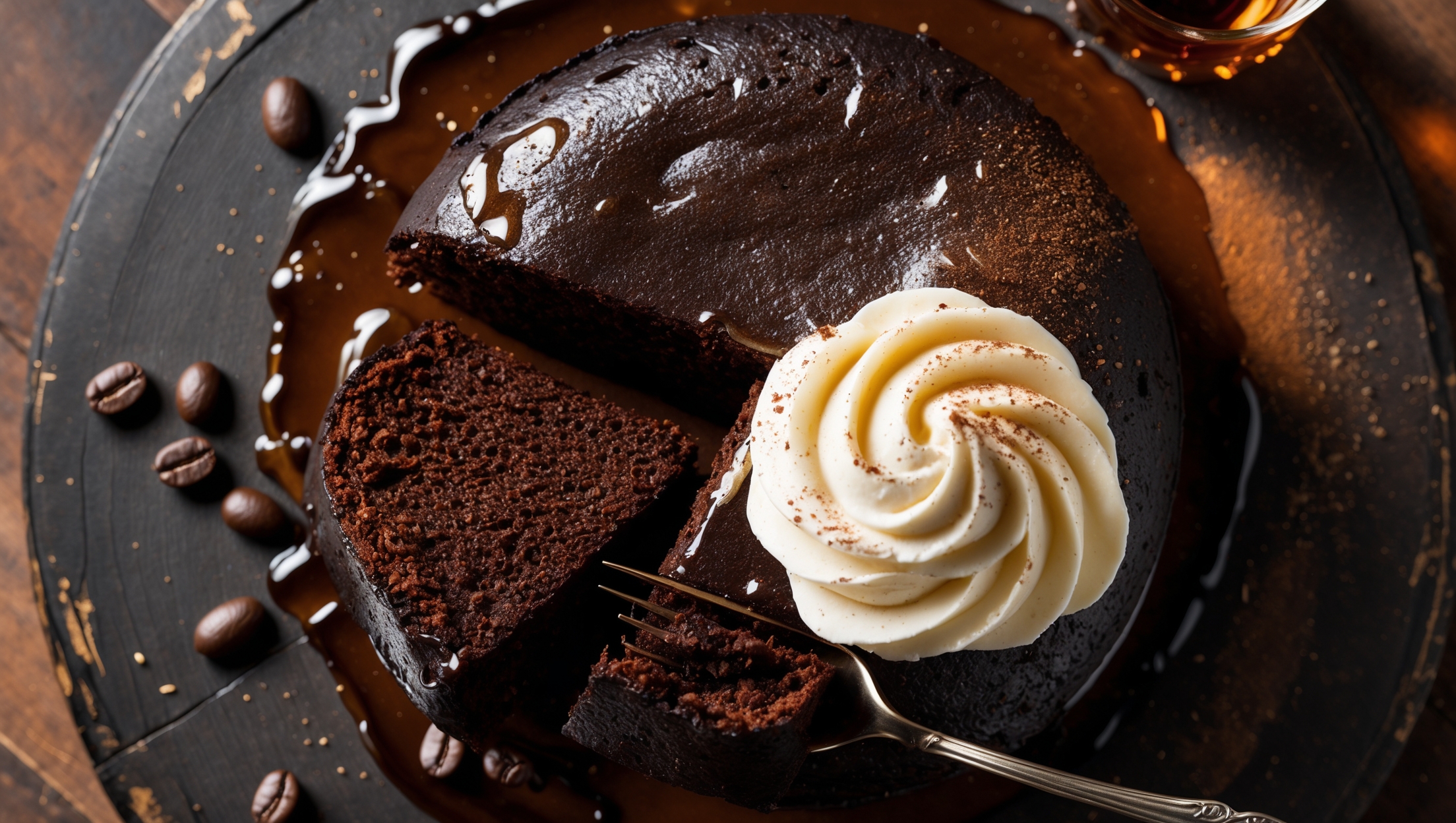 Overhead shot of a dark, moist coffee cake with visible specks of espresso grounds, glistening under a glossy whiskey glaze. A close-up reveals the tender, dense crumb as a fork pulls away a piece, trailing strings of the sticky syrup. The cake sits on a vintage dark wooden board, garnished with a generous swirl of pillowy Bailey's cream that's slightly melting at the edges. Coffee beans and a small glass of whiskey are artfully scattered around the base, with warm, golden lighting highlighting the contrast between the deep brown cake and the ivory cream. A light dusting of cocoa powder creates a beautiful finishing touch across the top.