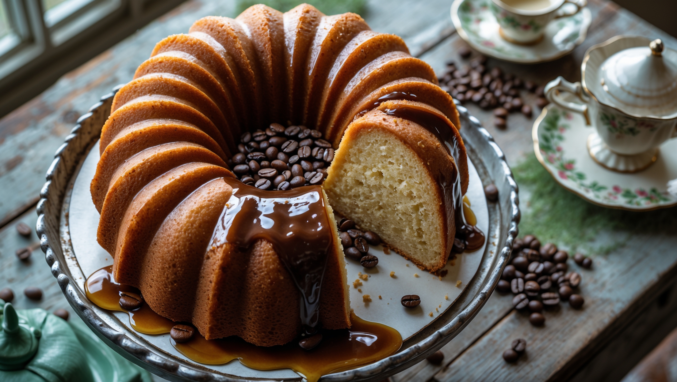 An overhead shot of a golden-brown Irish cream bundt cake on an antique cake stand, with the distinctive fluted pattern catching soft window light. A cross-section reveals the cake's tender, moist crumb while a glossy whiskey glaze cascades down the ridges, pooling artfully at the base. Scattered coffee beans and crystallized sugar add textural contrast against the dark glaze. The scene is styled on a weathered wooden table with vintage teacups and a small pitcher of cream nearby, evoking a cozy Irish afternoon tea setting.