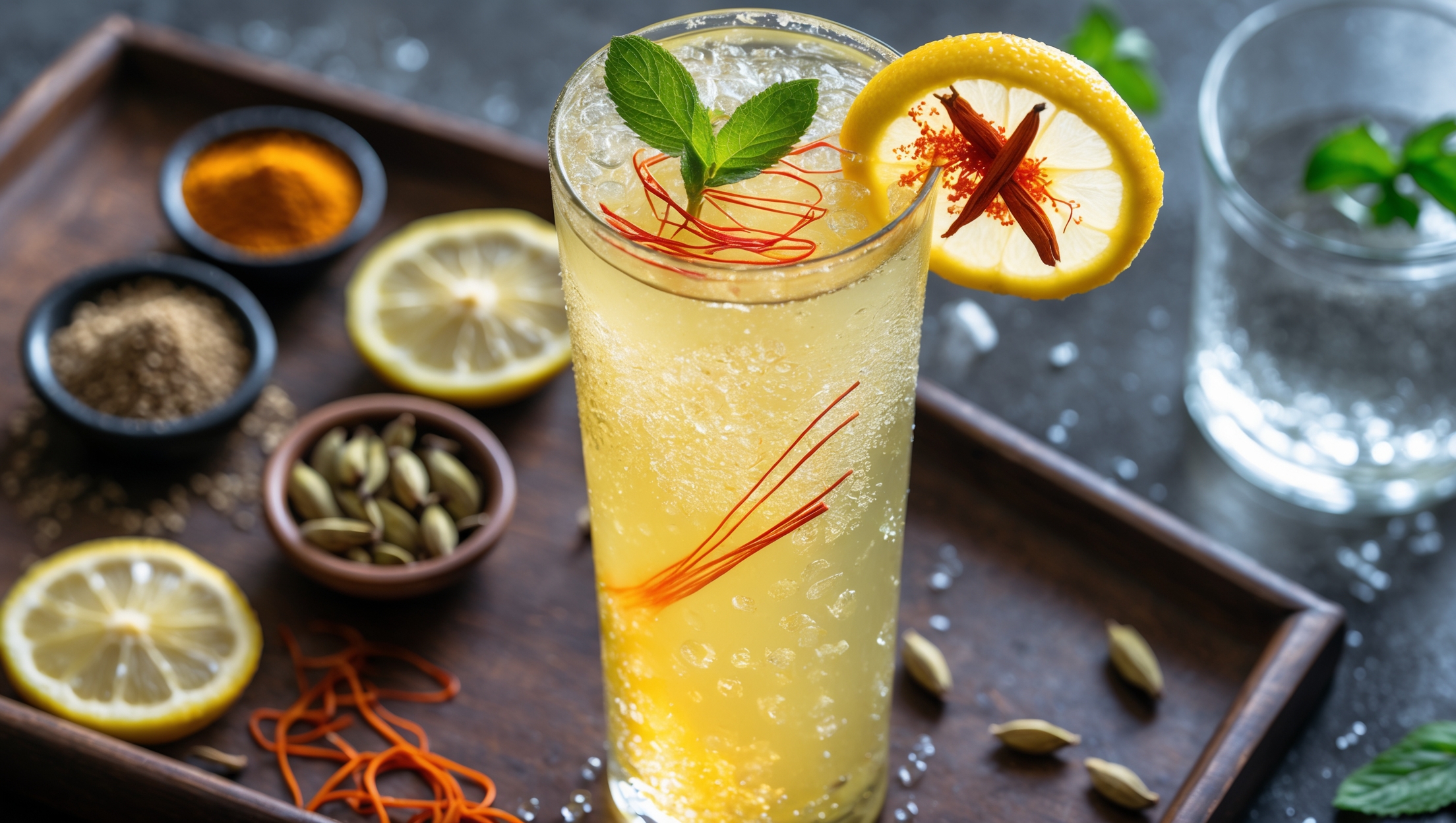 A tall, slender highball glass capturing the golden-yellow hue of this Indian-inspired lemonade, photographed in bright natural light that highlights the subtle orange-saffron threads floating within. Crushed ice creates a frosty effect along the glass sides, while a garnish of lemon wheels studded with cardamom pods and a sprig of fresh mint provides striking color contrast. A wooden serving tray with small bowls of spices (cumin seeds, cardamom pods, and saffron threads) surrounds the glass, with subtle details of scattered lemon zest and condensation droplets capturing the refreshing nature of this spice-infused mocktail.