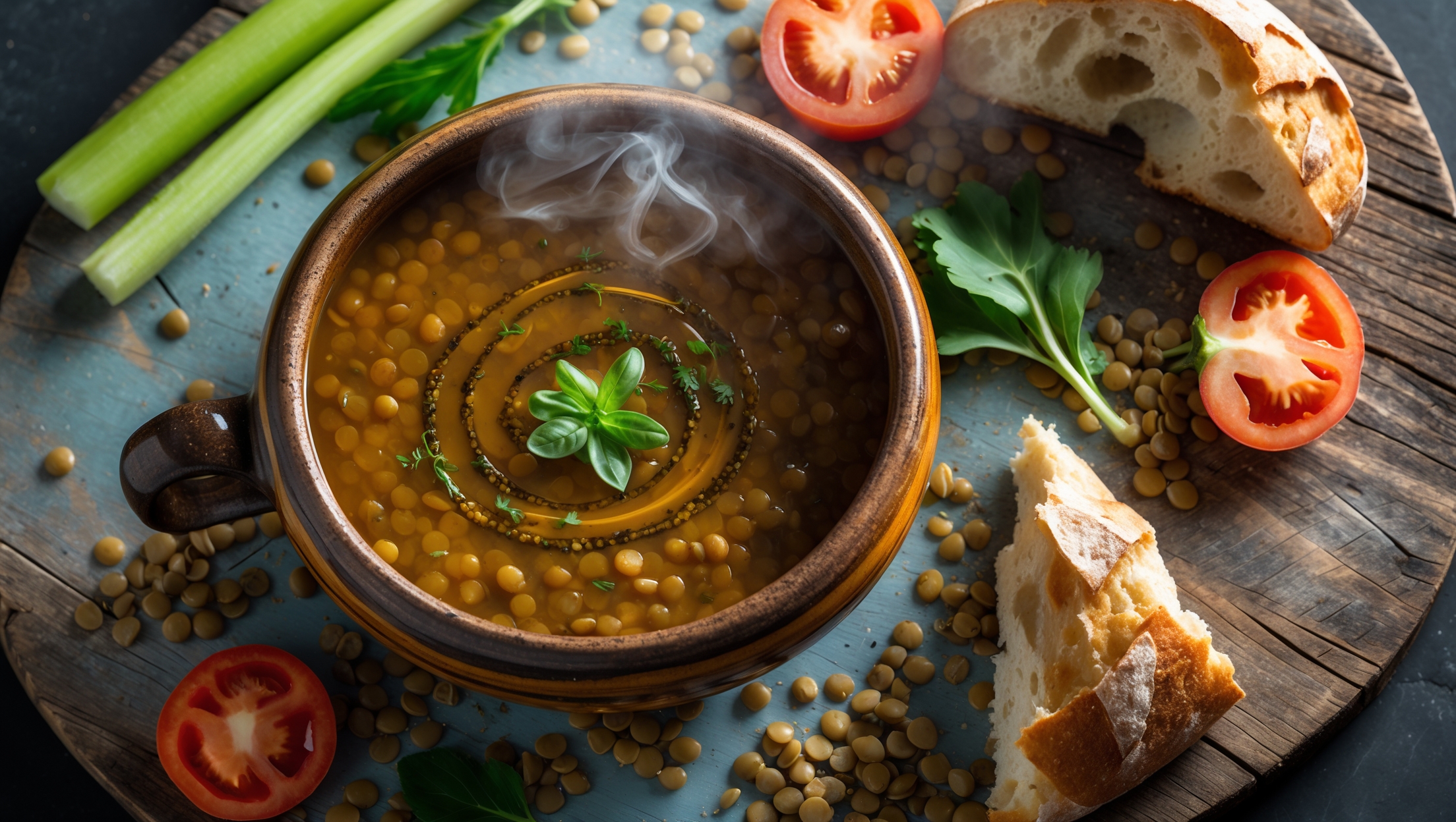 An overhead shot of a rustic ceramic bowl filled with the steaming lentil soup, its rich amber-brown surface dotted with vibrant green herbs and a swirl of olive oil catching the soft natural light. Surrounding the bowl, scattered fresh ingredients - halved tomatoes, carrot slices, celery leaves, and a small heap of uncooked lentils - create visual context on a weathered wooden board. A chunk of crusty artisan bread leans against the bowl, ready for dipping, while steam rises gently from the soup's surface, conveying warmth and comfort. The image highlights the soup's hearty texture with visible vegetables and lentils peeking through the broth.