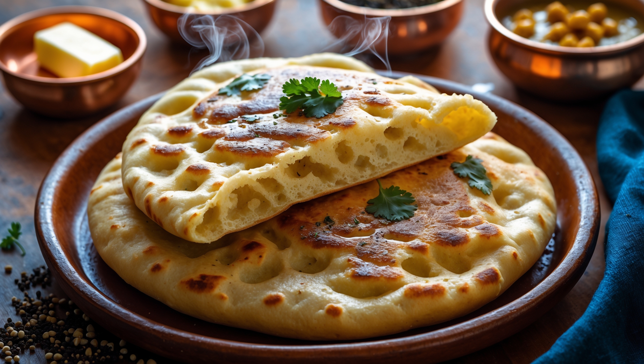 An overhead shot of golden-brown kulchas stacked slightly overlapping on a rustic clay plate, with one pulled apart to reveal the soft, airy interior structure. Steam rises gently off the freshly baked bread under warm natural light. Brushed with melted ghee that glistens on the blistered, spotted surface, the kulchas are garnished with a light sprinkle of fresh cilantro. In the background, small copper bowls contain butter, chopped garlic, and nigella seeds, while a deep blue ceramic dish of chickpea curry sits partially in frame, creating a rich color contrast with the warm tones of the bread.