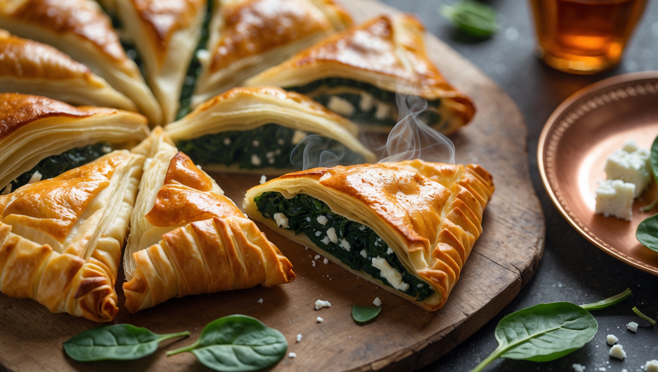 An overhead shot of golden-brown Ispanaklı Börek sliced into perfect triangles, revealing the vibrant emerald spinach filling layered between crisp, flaky phyllo sheets. The pastry glistens under soft natural light, highlighting its buttery sheen and delicate layers. A rustic wooden board provides contrast to the börek's golden exterior, while scattered fresh spinach leaves and crumbled feta create visual context. Steam rises gently from a freshly cut piece, with a close-up revealing the intricate layers and textures – crispy exterior giving way to tender pastry and moist filling. A traditional Turkish tea glass and copper serving plate complete the styling, emphasizing the pastry's cultural heritage.