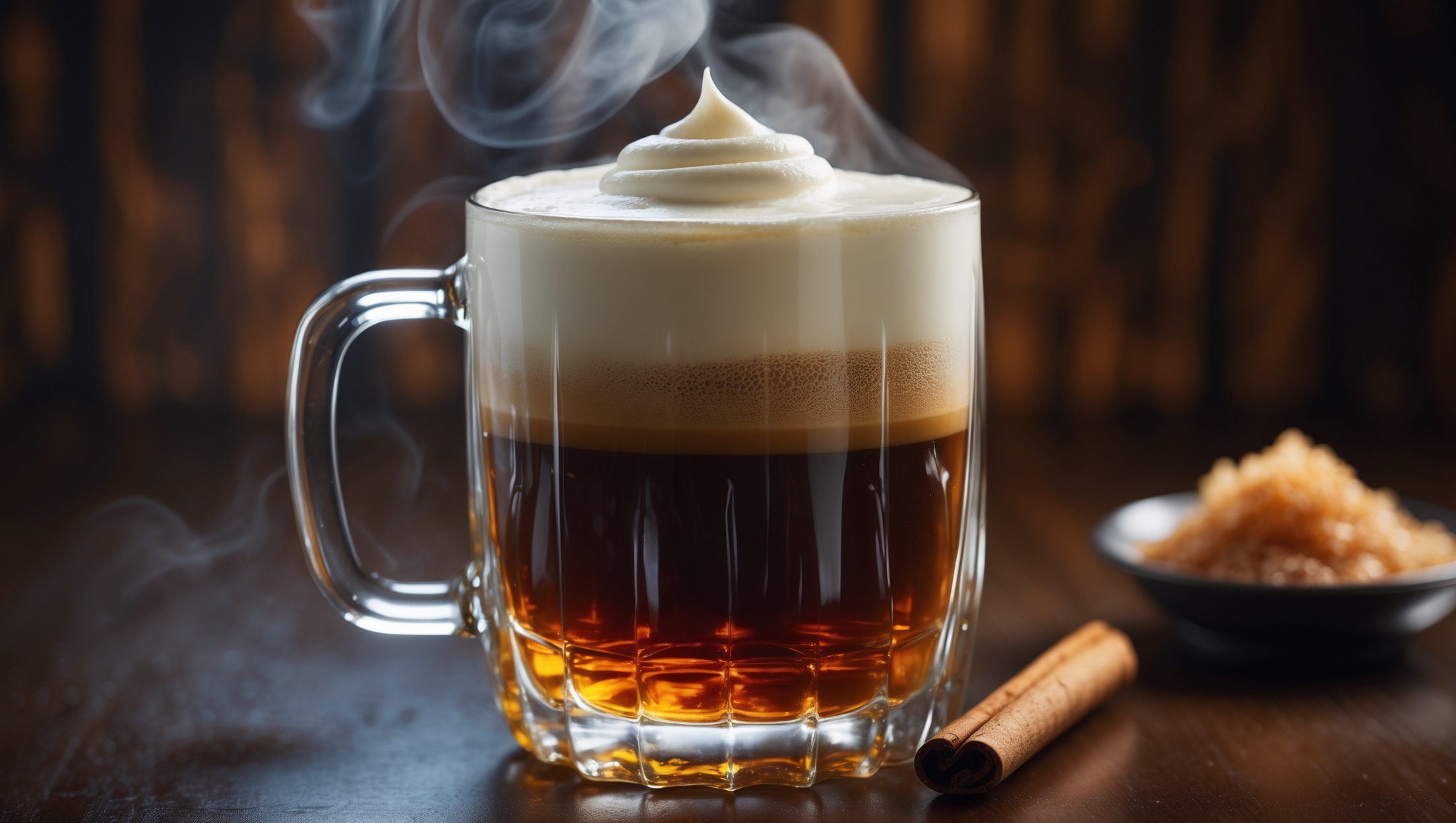 A clear heat-resistant glass mug showcases layers of deep amber whiskey-infused coffee beneath a pristine float of thick cream, captured in moody pub lighting that accentuates the golden halo where cream meets coffee. Steam rises gently, creating a misty aura around the drink, while a cinnamon stick rests against the glass. The background features blurred warm wood textures and perhaps a small dish of brown sugar crystals, emphasizing the cocktail's traditional Irish heritage and comforting character.