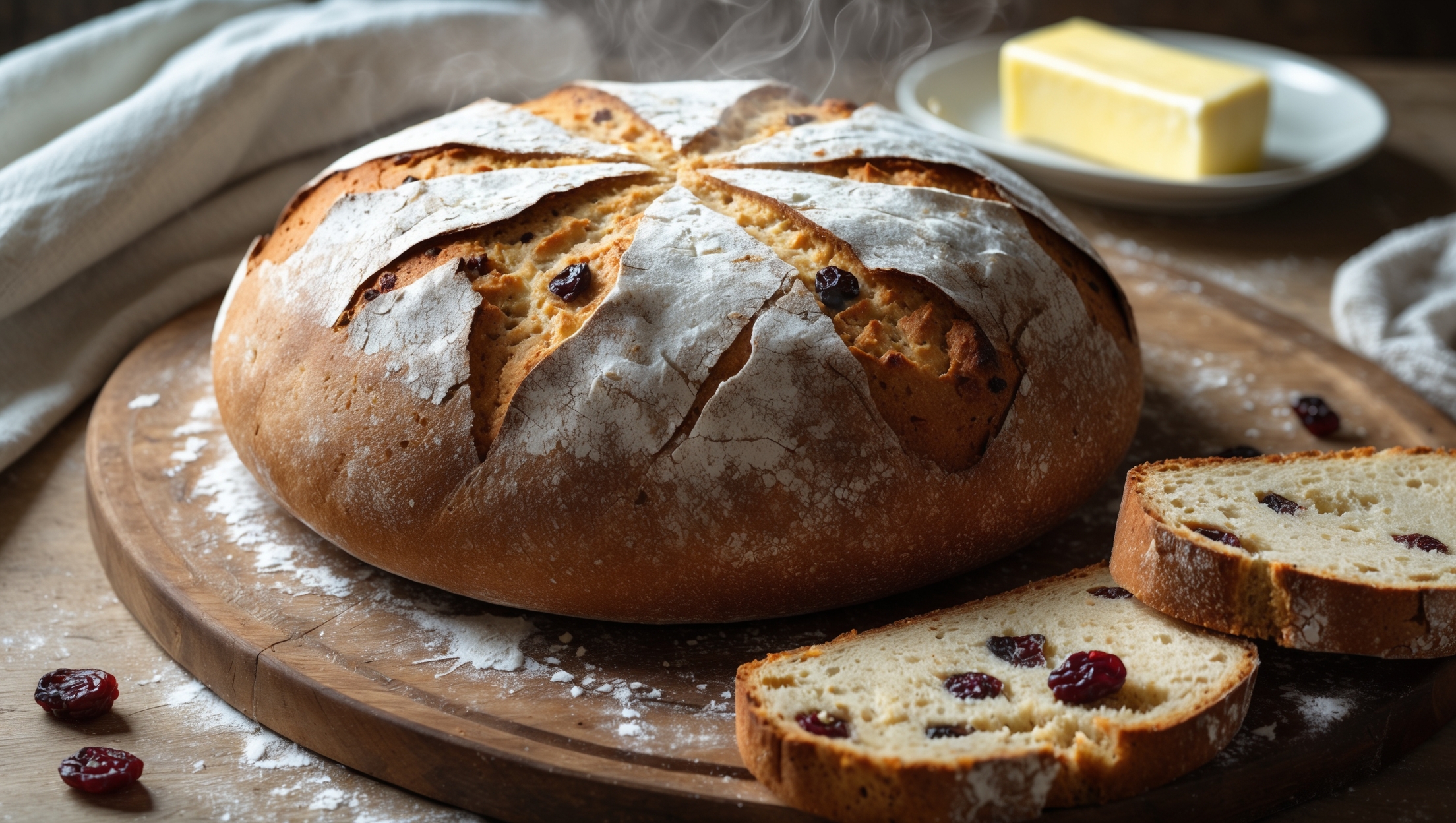 A freshly baked round loaf of Irish Soda Bread photographed in soft natural light on a rustic wooden board. The deep golden-brown crust features the traditional cross cut into the top, creating beautiful cracks that reveal the bread's pale interior. Scattered flour dusts the surface, contrasting with the bread's toasted exterior. A linen tea towel and butter dish sit alongside, with a few slices cut to showcase the bread's tender, slightly cakey crumb studded with raisins. Steam visibly rises from the freshly cut surface, suggesting warmth and freshness.