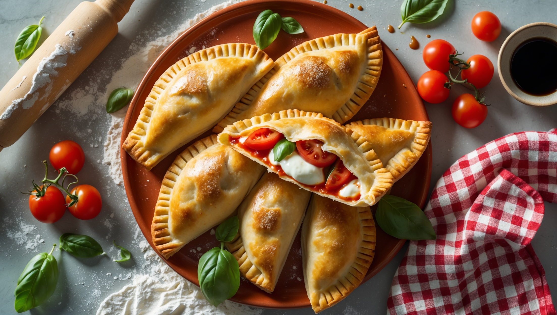 An overhead shot of golden-brown hand pies arranged on a rustic terracotta serving platter, with one pie broken open to reveal the melted mozzarella, juicy tomatoes, and vibrant green basil inside. Soft natural light streams across the scene, highlighting the flaky layers of the pastry and the glistening filling. A scattering of fresh basil leaves, cherry tomatoes, and a small bowl of balsamic glaze surround the pies, while a checkered red and white cloth napkin adds a touch of Italian trattoria charm. A light dusting of flour and a rolling pin sit in the background, suggesting the handmade nature of these Mediterranean-inspired treats.