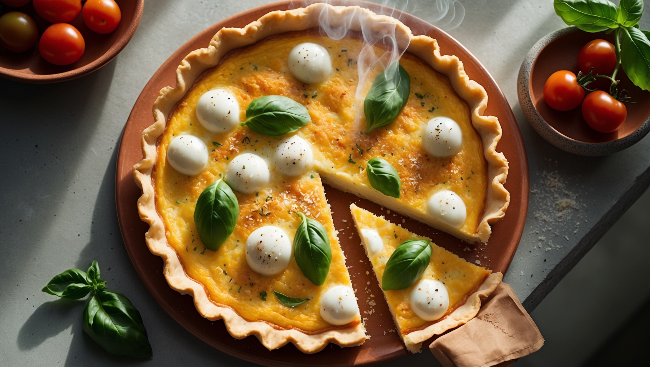An overhead shot of the golden-brown Italian quiche, its surface dotted with bubbling mozzarella and vibrant green basil leaves. A cross-section reveals the custard-like interior studded with pockets of melted cheese against the crisp, flaky shortcrust base. Captured in soft natural light streaming through a kitchen window, the quiche rests on a rustic terracotta serving plate beside a small bowl of cherry tomatoes and a sprig of fresh basil. Flecks of cracked black pepper and a light dusting of grated Parmesan add texture to the surface, while steam gently rises from a freshly cut slice, highlighting the quiche's warmth and inviting aroma.