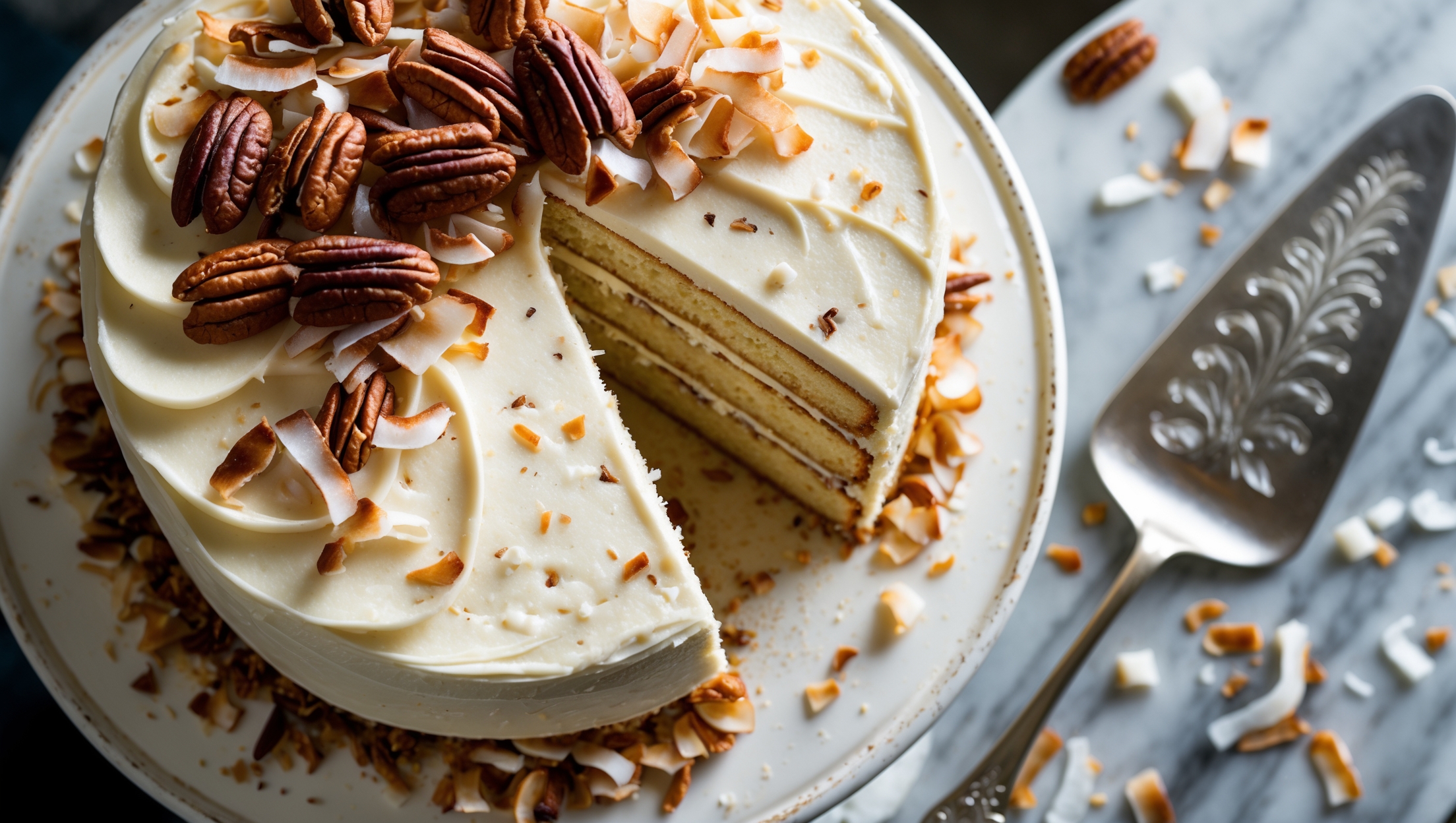 Overhead shot of a three-layer Italian Cream Cake on an antique white pedestal stand, with soft natural light highlighting the textural cream cheese frosting applied in elegant swoops. A cross-section reveals moist vanilla-speckled cake layers studded with coconut flecks and chopped pecans. Toasted coconut and pecan halves cascade down the sides and crown the top, creating visual interest against the ivory frosting. A silver cake server rests nearby on a marble surface, with scattered pecan pieces and coconut shavings adding rustic charm to the composition. The warm golden tones of the cake crumb contrast beautifully with the cool white frosting.