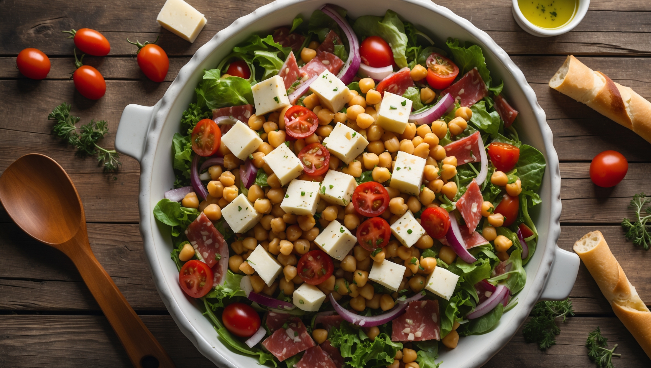 An overhead shot of a large white ceramic serving bowl filled with the colorful Italian Chopped Salad against a rustic wooden table, bathed in soft natural light. The salad showcases a striking arrangement of vibrant greens, ruby-red cherry tomatoes, purple-hued red onions, and golden-brown chickpeas, all interspersed with cubes of creamy provolone and slices of savory salami. Small flecks of herbs dot the vinaigrette-glazed vegetables, while a glistening drizzle of olive oil catches the light. Scattered around the bowl are whole pepperoncini, a wooden salad server, and a small ramekin of extra dressing, with a few Italian breadsticks positioned alongside for complementary texture.