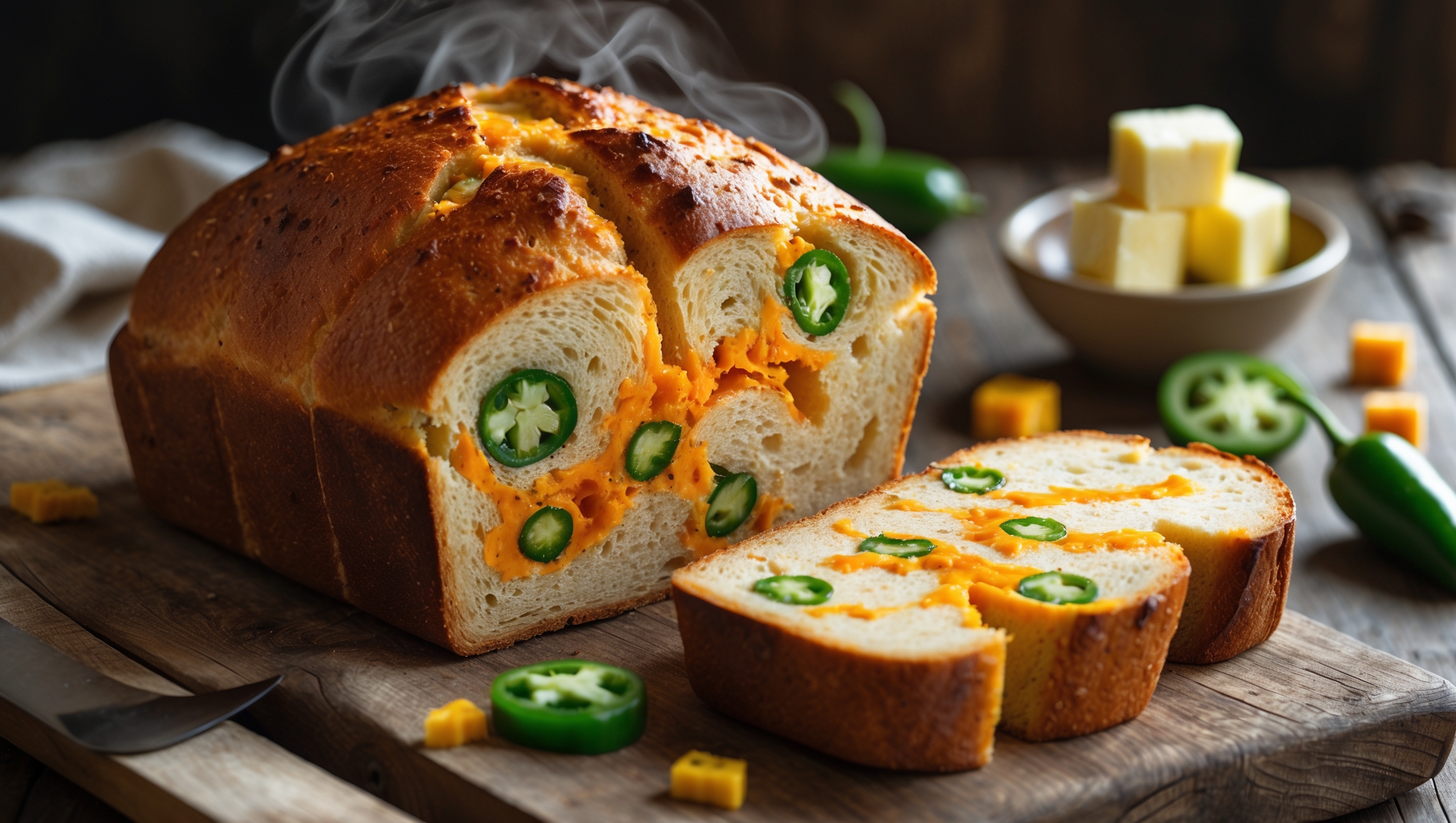 A tall, golden-brown loaf with a slightly domed top, photographed in soft natural light on a rustic wooden cutting board. A cross-section reveals a tender crumb studded with vibrant green jalapeño pieces and pockets of melted cheddar cheese creating orange marbling throughout. Steam rises gently from a freshly cut slice, highlighting the bread's warmth and freshness. In the background, a small ceramic bowl contains butter with a wooden knife, while scattered jalapeño slices and cheddar chunks create visual context. The contrast between the bread's golden exterior and the colorful interior creates an inviting composition that showcases the bread's perfect balance of heat and richness.