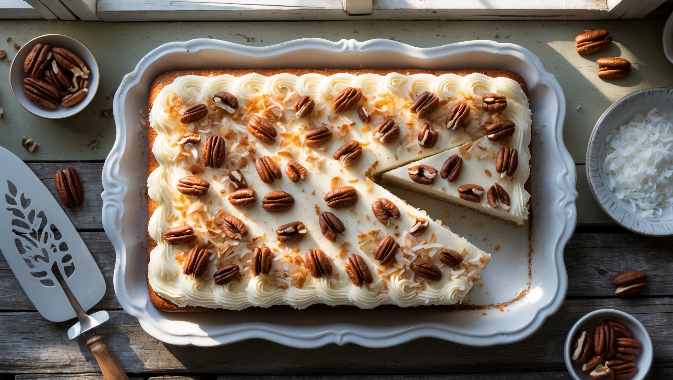 An overhead shot of a generously-sized rectangular Italian Cream Sheet Cake displayed on a vintage white ceramic platter, bathed in soft afternoon light streaming through kitchen windows. The cake's surface showcases a thick, swirled layer of cream cheese frosting with delicate peaks and valleys, topped with a scattering of toasted pecan pieces and coconut flakes that add amber and golden accents. A perfect slice has been removed, revealing the cake's moist, tender crumb speckled with coconut threads and chopped nuts. Surrounding the platter are fresh pecan halves, a small bowl of coconut flakes, and a crystal cake server, all arranged on a weathered wooden farmhouse table that enhances the cake's homestyle appeal.