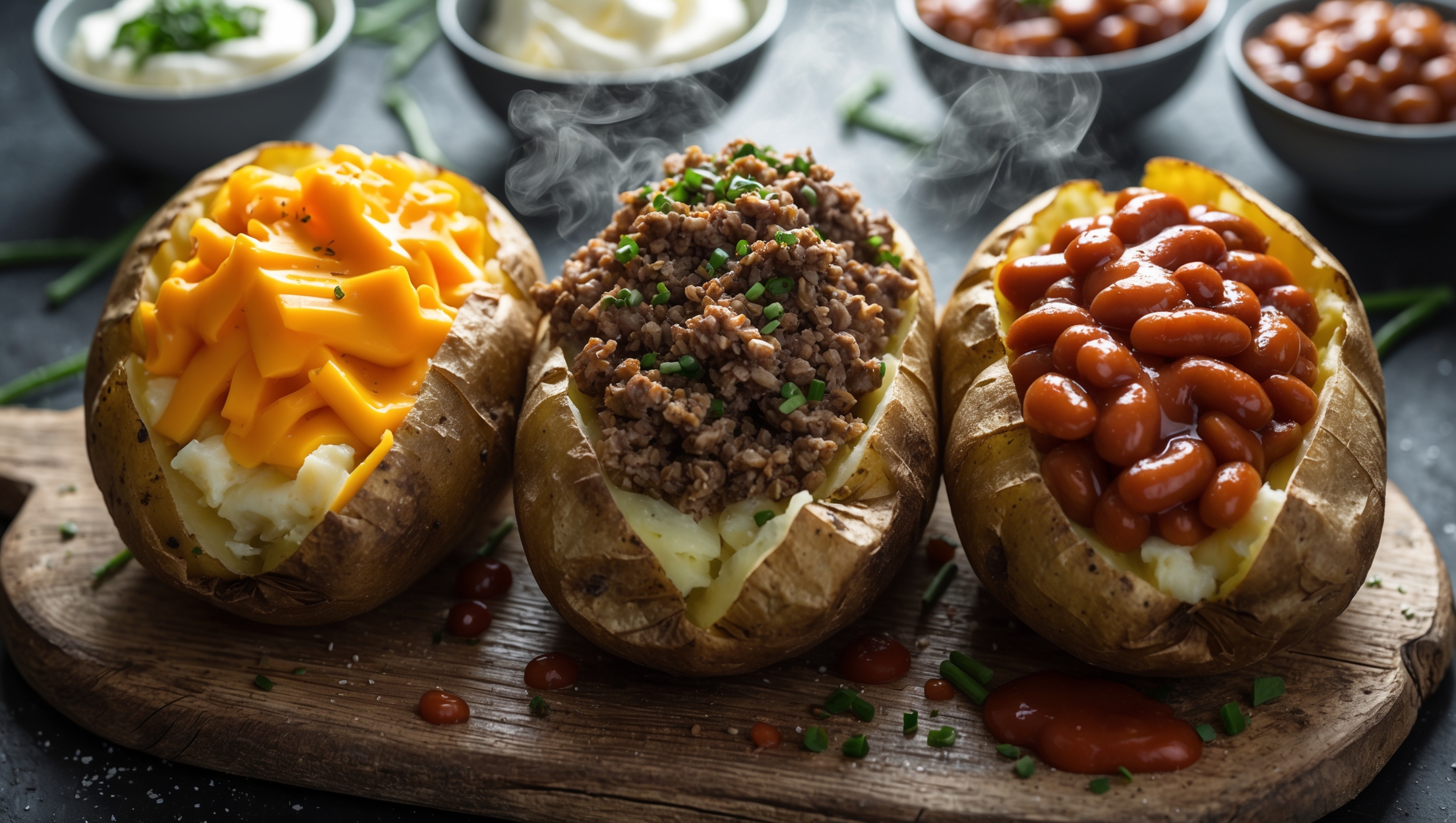 An overhead shot of three golden-brown baked potatoes arranged on a rustic wooden board, each split open to reveal their cloud-like fluffy interiors. The potatoes are topped with three different fillings: one glistening with melted cheddar cheese, another piled high with steaming seasoned minced beef, and the third overflowing with rich tomato baked beans. Steam rises gently from the potatoes, captured in soft natural light that highlights the crispy, salt-flecked skins. In the background, small bowls of additional toppings like sour cream, chives, and butter can be seen, with a sprinkle of freshly ground black pepper visible across the scene.