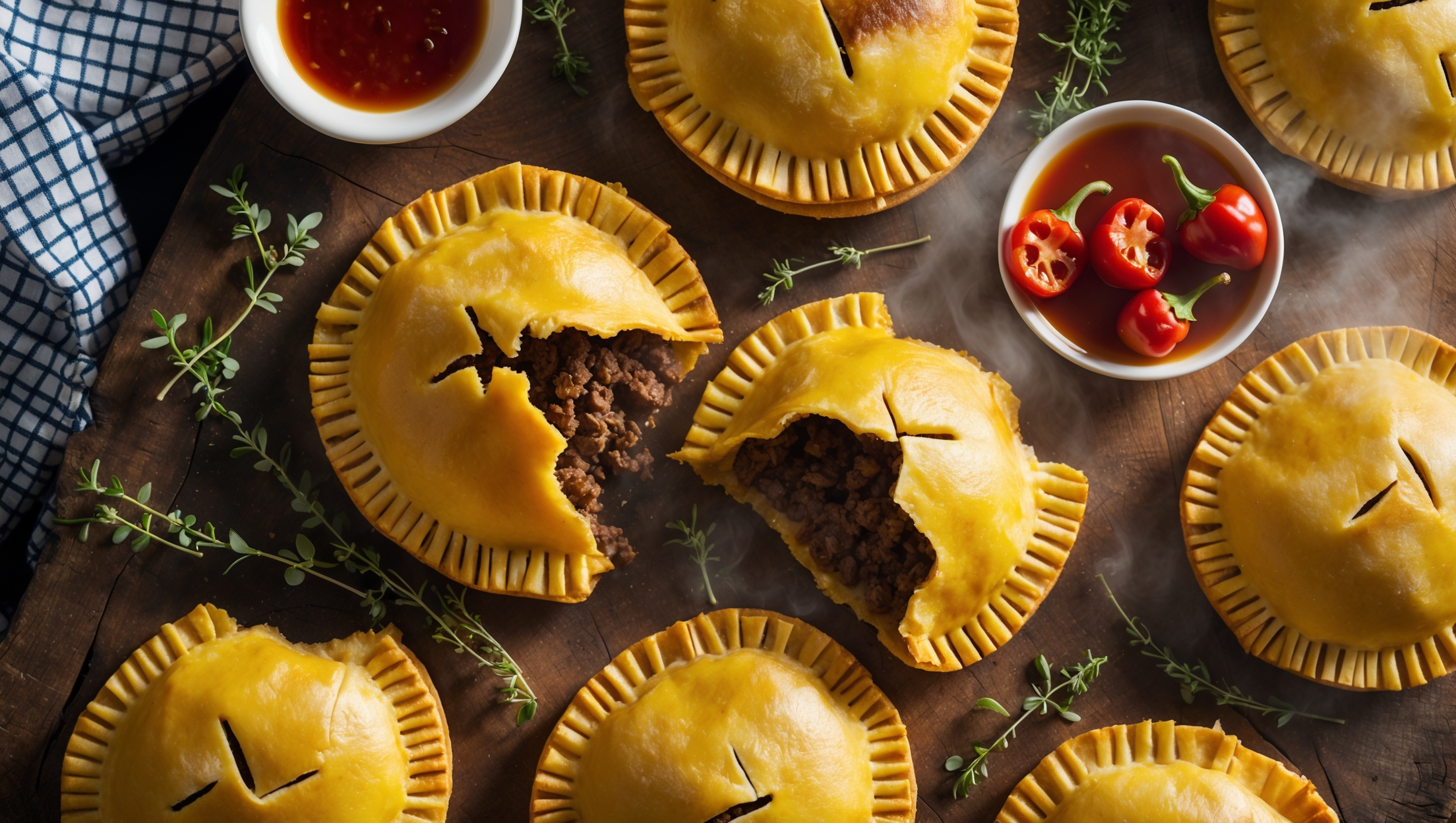 An overhead shot of golden-yellow Jamaican patty-style hand pies arranged on a rustic wooden board, with one broken open to reveal the rich, spiced beef filling inside. The warm afternoon light accentuates the flaky, turmeric-tinted pastry layers that shatter delicately at the edges. A scatter of fresh thyme sprigs, whole scotch bonnet peppers, and a small bowl of additional hot sauce creates a vibrant color story against the deep yellow pastries. A checkered kitchen towel peeks into frame, while steam rises gently from the freshly baked pies, hinting at their aromatic spices and just-from-the-oven warmth.