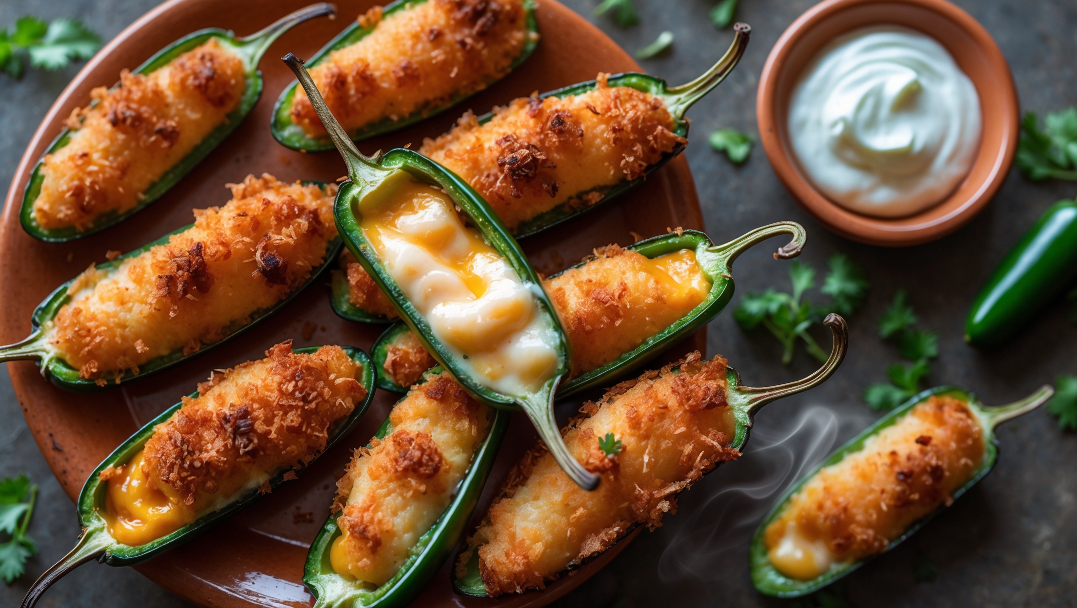 An overhead shot of golden-brown jalapeño poppers arranged on a rustic terracotta serving plate, with a few cut in half to reveal the molten cheese filling oozing slightly. The crispy breadcrumb coating glistens under soft natural light, highlighting the textural contrast between the crunchy exterior and creamy interior. In the background, a small dish of cooling sour cream dip sits alongside scattered fresh jalapeños and herbs, creating vibrant color contrast against the warm tones of the poppers. Wisps of steam rise from the freshly baked appetizers, suggesting their straight-from-the-oven warmth and inviting the viewer to imagine the spicy-creamy flavor combination.