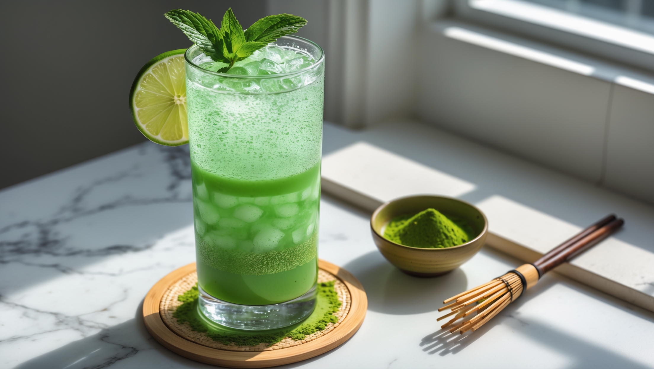 A tall, clear highball glass showcases striking layers of vibrant green matcha and lighter mint-infused liquid, served over crushed ice that catches natural daylight streaming through a window. A generous sprig of fresh mint and a thin lime wheel rest on the rim while matcha powder is lightly dusted across the top surface. Tiny bubbles from the sparkling water cling to the inside of the glass, creating an effervescent texture. The mocktail sits on a bamboo coaster beside a small pottery bowl containing bright green matcha powder and a traditional bamboo whisk, evoking authentic Japanese tea ceremony elements against a minimalist white marble surface.