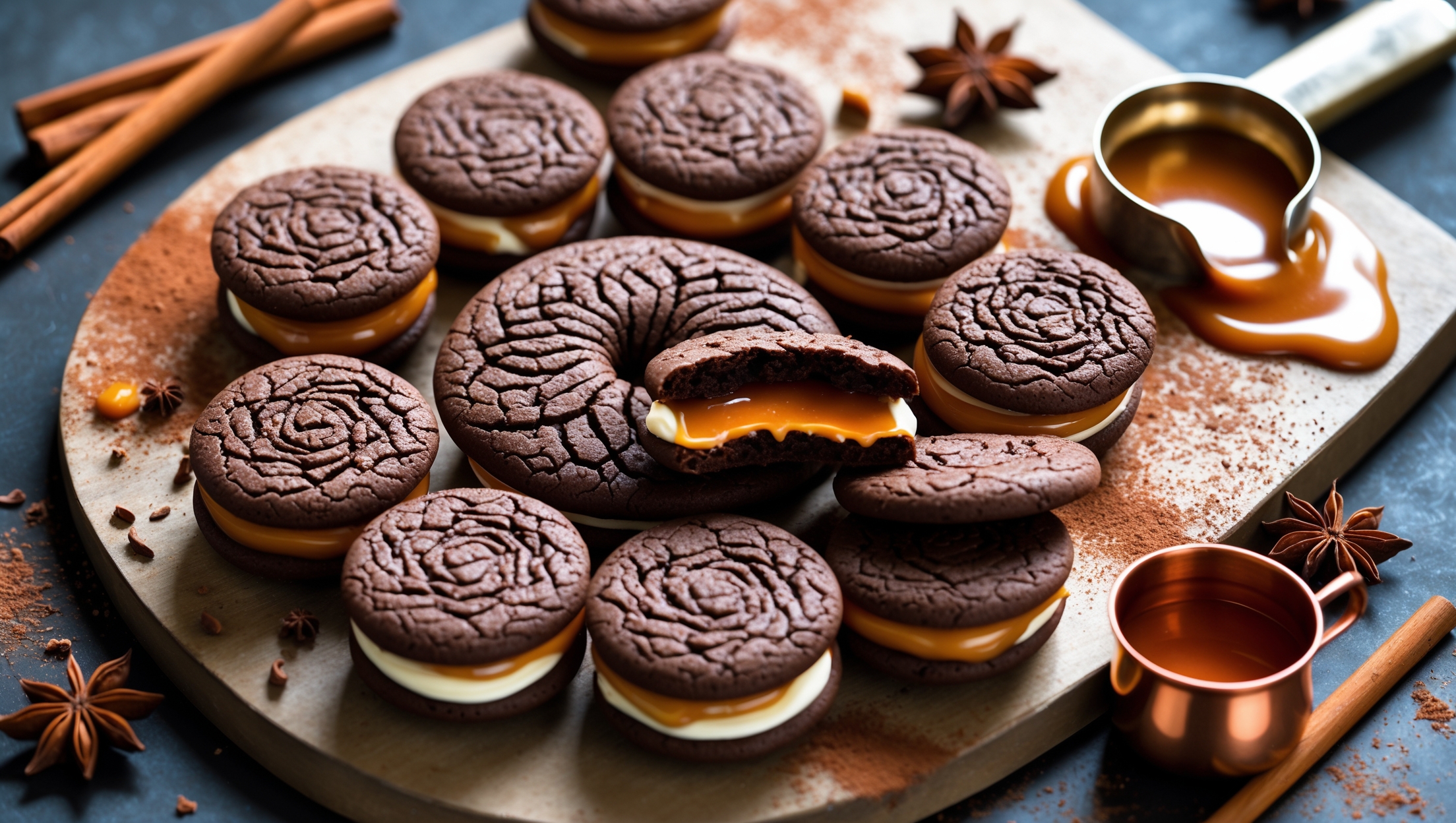 An overhead shot of chocolate sandwich cookies arranged in a spiral pattern on a rustic wooden board, with a few broken in half to reveal the golden caramel crème filling oozing slightly from the center. Shot in warm natural light that highlights the crinkled texture on the chocolate cookies and the glossy sheen of the caramel filling. Scattered around the display are cinnamon sticks, star anise, and a light dusting of cocoa powder, while a small copper pot of caramel sauce sits in the corner with a drizzle spilling onto the board. The deep brown cookies contrast beautifully with the amber-colored filling, emphasizing the Jamaican-inspired flavor profile.