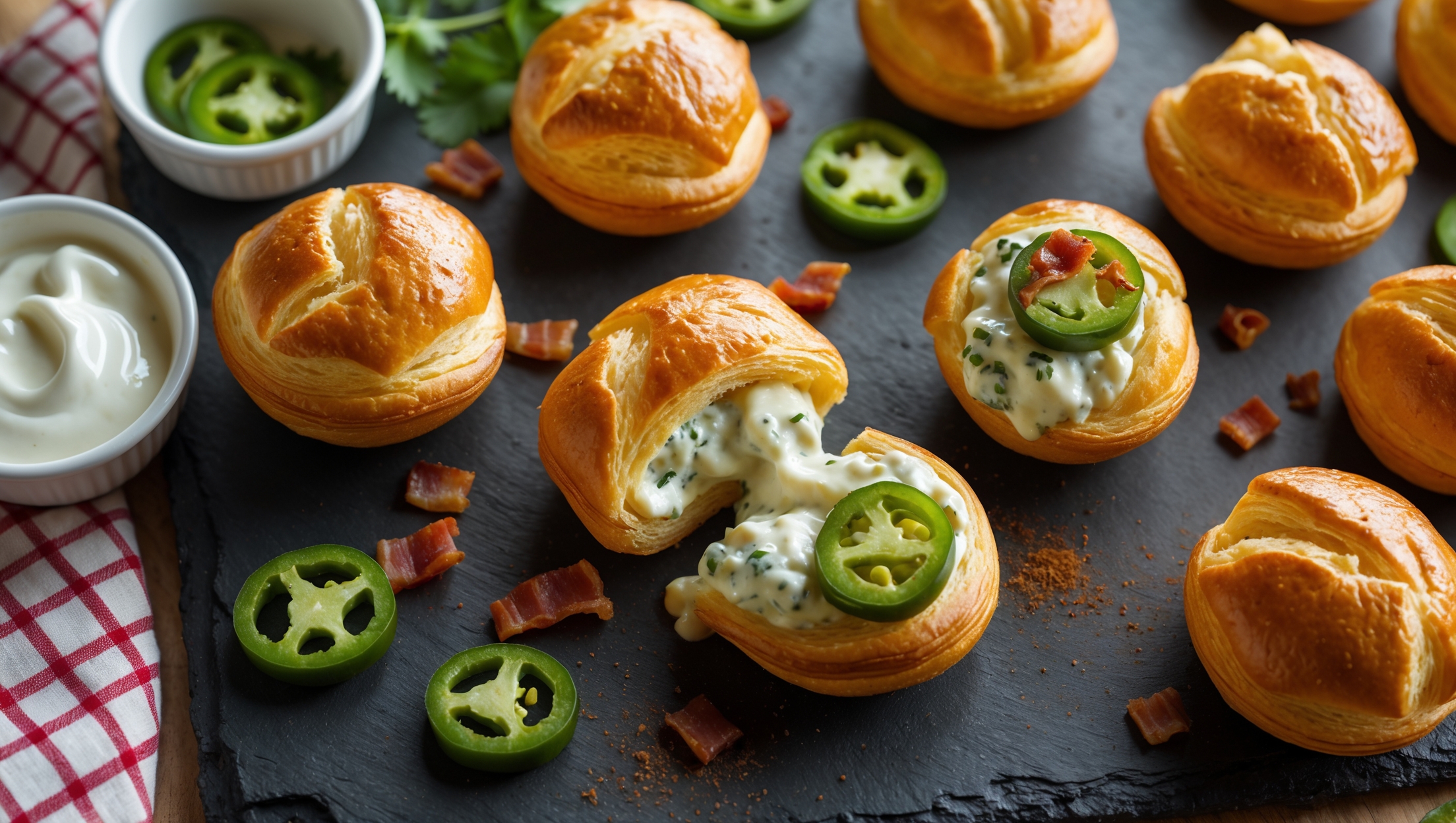 An overhead shot of golden-brown Jalapeño Popper Puffs arranged on a rustic slate serving board, with a few puffs cut open to reveal their creamy, speckled filling studded with vibrant green jalapeño pieces and crispy bacon bits. The warm-toned natural lighting highlights the flaky layers of the pastry and the melty cheese that oozes slightly from some pieces. Small ramekins of sour cream dip and a scattered garnish of fresh cilantro and finely sliced jalapeños add pops of color, while a light dusting of paprika provides contrast against the golden pastries. A checkered kitchen towel peeks into the frame, suggesting a casual, homey atmosphere perfect for sharing these spicy-savory bites.