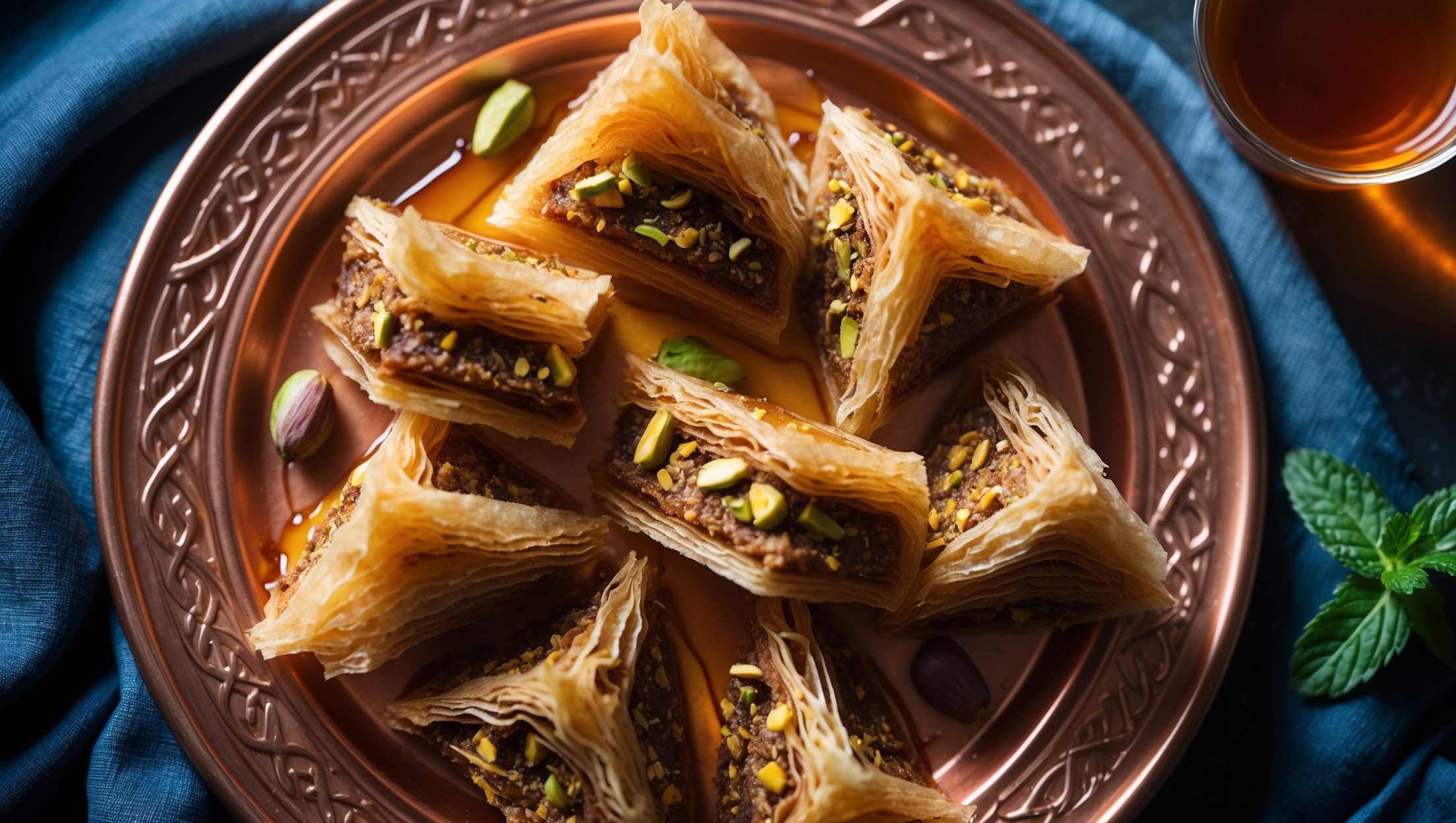 Overhead shot of golden-brown kadaifi dessert cut into diamond-shaped pieces, revealing layers of shredded phyllo surrounding a rich nut filling. Soft natural light highlights the crispy, thread-like texture of the pastry strands while creating subtle shadows that emphasize its dimensional quality. A drizzle of honey syrup glistens on top, with a few pistachios scattered around for color contrast. The dessert is presented on a traditional copper serving plate with intricate patterns, set against a dark blue linen that makes the warm amber tones of the pastry pop. A small glass of mint tea and a sprig of fresh mint sit alongside, suggesting perfect pairing options.
