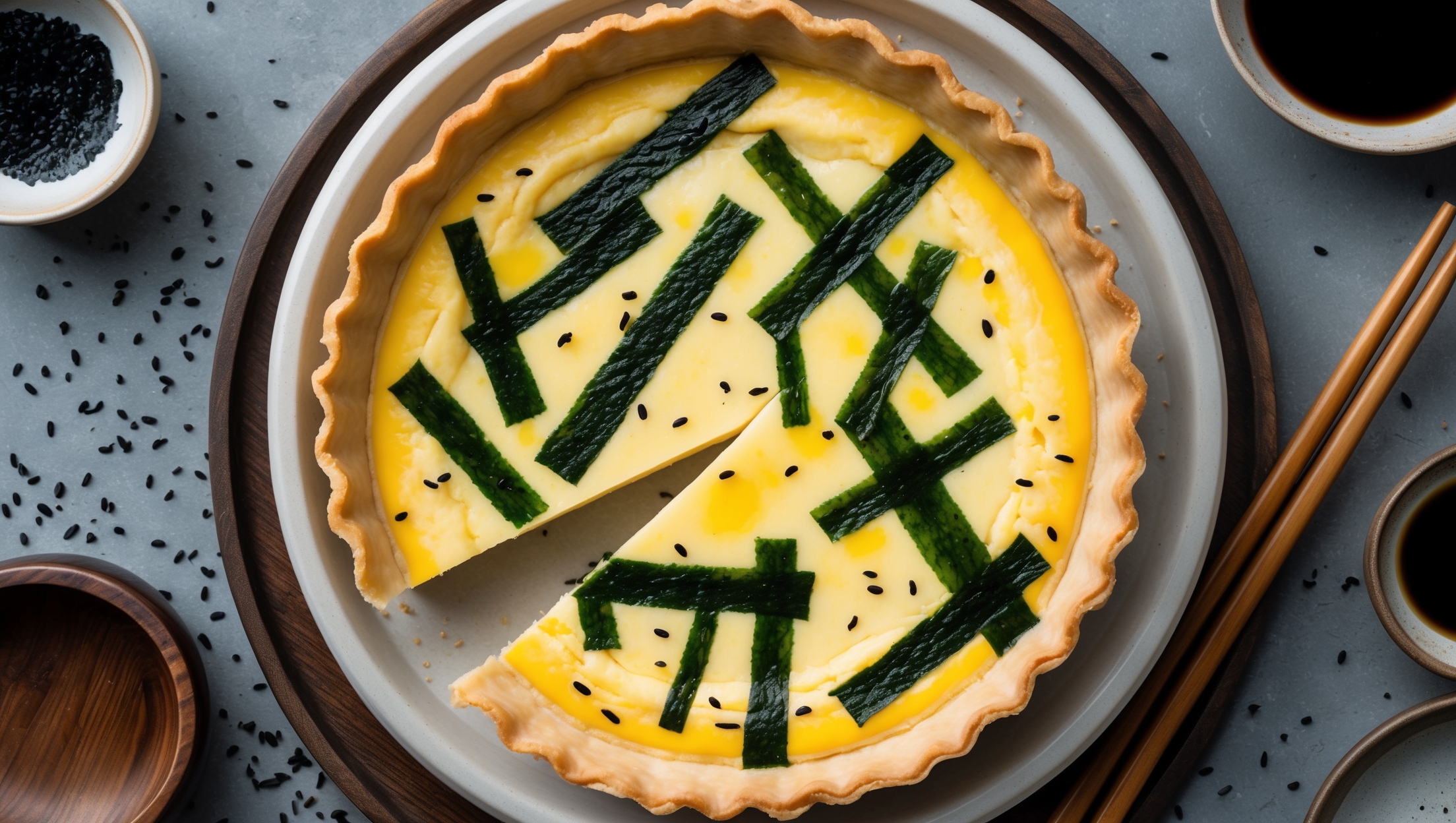 An overhead shot of a golden-brown quiche with a perfectly crisp crust, showcasing the silky custard filling flecked with vibrant green seaweed strips. A cross-section view reveals the quiche's tender layers and moist interior, with soft natural light highlighting the delicate texture. Styled on a minimalist ceramic plate with chopsticks resting alongside, sprinkled with black sesame seeds and accompanied by a small bowl of soy sauce. Steam rises gently from the freshly-cut slice, emphasizing its warmth while wooden serveware and scattered nori flakes create a distinctly Japanese aesthetic.