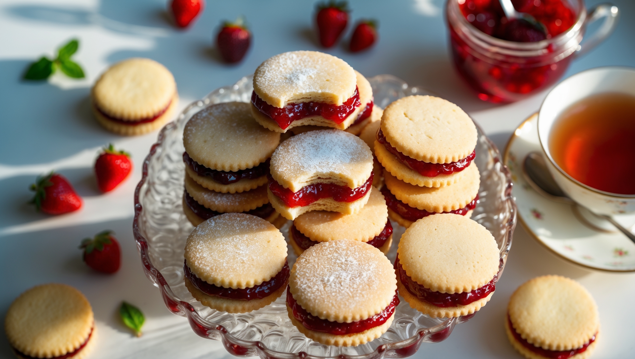 An overhead shot of stack-arranged jam sandwich cookies on a vintage milk-glass cake stand, with several cookies artfully broken in half to reveal vibrant strawberry jam filling peeking out between golden shortbread rounds. Soft natural light casts gentle shadows, highlighting the cookies' slightly crumbly texture and sugar-dusted tops. A small jar of homemade strawberry jam sits nearby with a silver spoon resting across the top, while scattered fresh berries and a sprig of mint add pops of color against the white porcelain. A steaming cup of tea completes the cozy afternoon tea setting, with the warm golden glow emphasizing the cookies' perfect golden-brown edges and delicate powdered sugar finish.