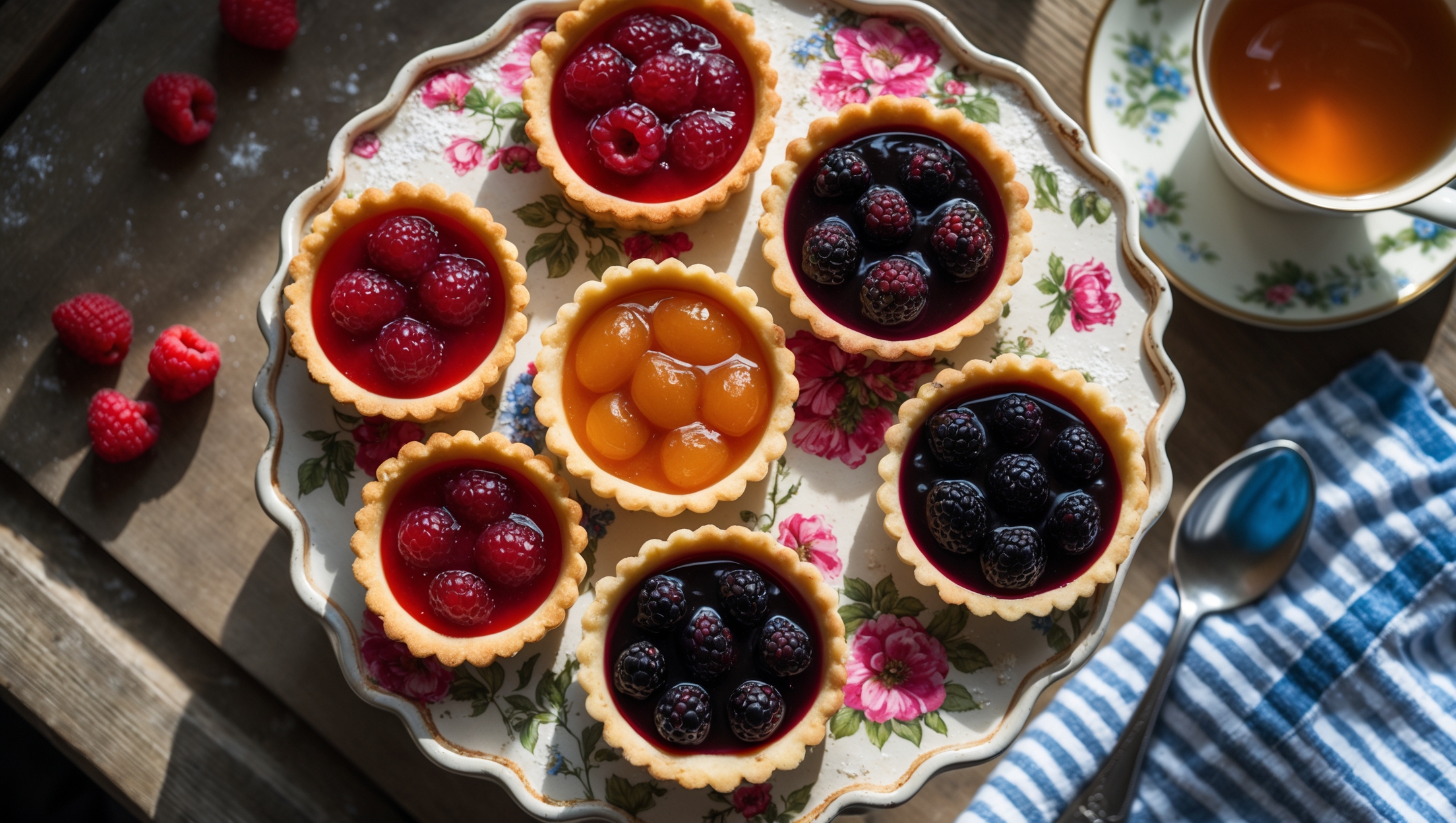 An overhead shot of six perfectly baked jam tarts arranged on a vintage floral cake stand. Each tart displays a different colored jam—ruby red raspberry, amber apricot, and deep purple blackberry—creating a colorful mosaic effect. The shortcrust pastry edges are golden brown with delicate crimping around each tart. Natural light streams in from a nearby window, highlighting the glossy, jewel-like quality of the jam centers. In the background, a scattered handful of fresh berries, a dusting of powdered sugar, and a blue and white striped tea towel complement the rustic charm of these traditional treats. A cup of tea sits beside the display, suggesting the perfect afternoon pairing.