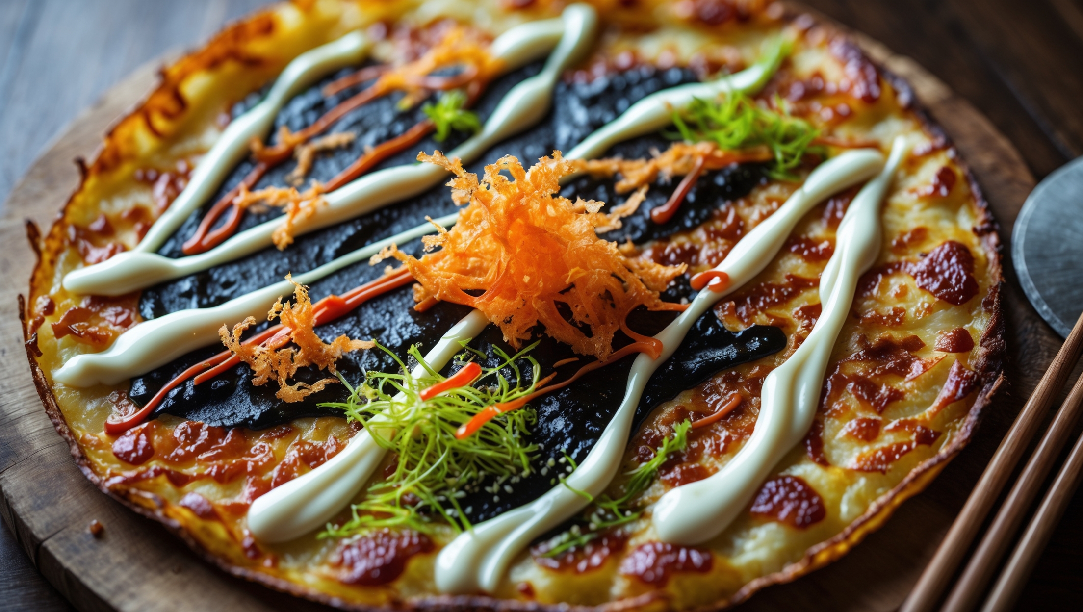 An overhead shot of the golden-brown Okonomiyaki pizza on a rustic wooden serving board, showcasing its crispy edges and colorful toppings. Ribbons of Kewpie mayonnaise and dark okonomiyaki sauce crisscross the surface, with bonito flakes performing their signature dance in response to the pizza's residual heat. Vibrant strands of pickled ginger and bright green seaweed powder provide striking color contrast against the savory pancake-pizza base. Captured in soft natural light that highlights the textures of the cabbage-studded crust, with chopsticks and a pizza cutter positioned alongside, representing the fusion of culinary traditions.