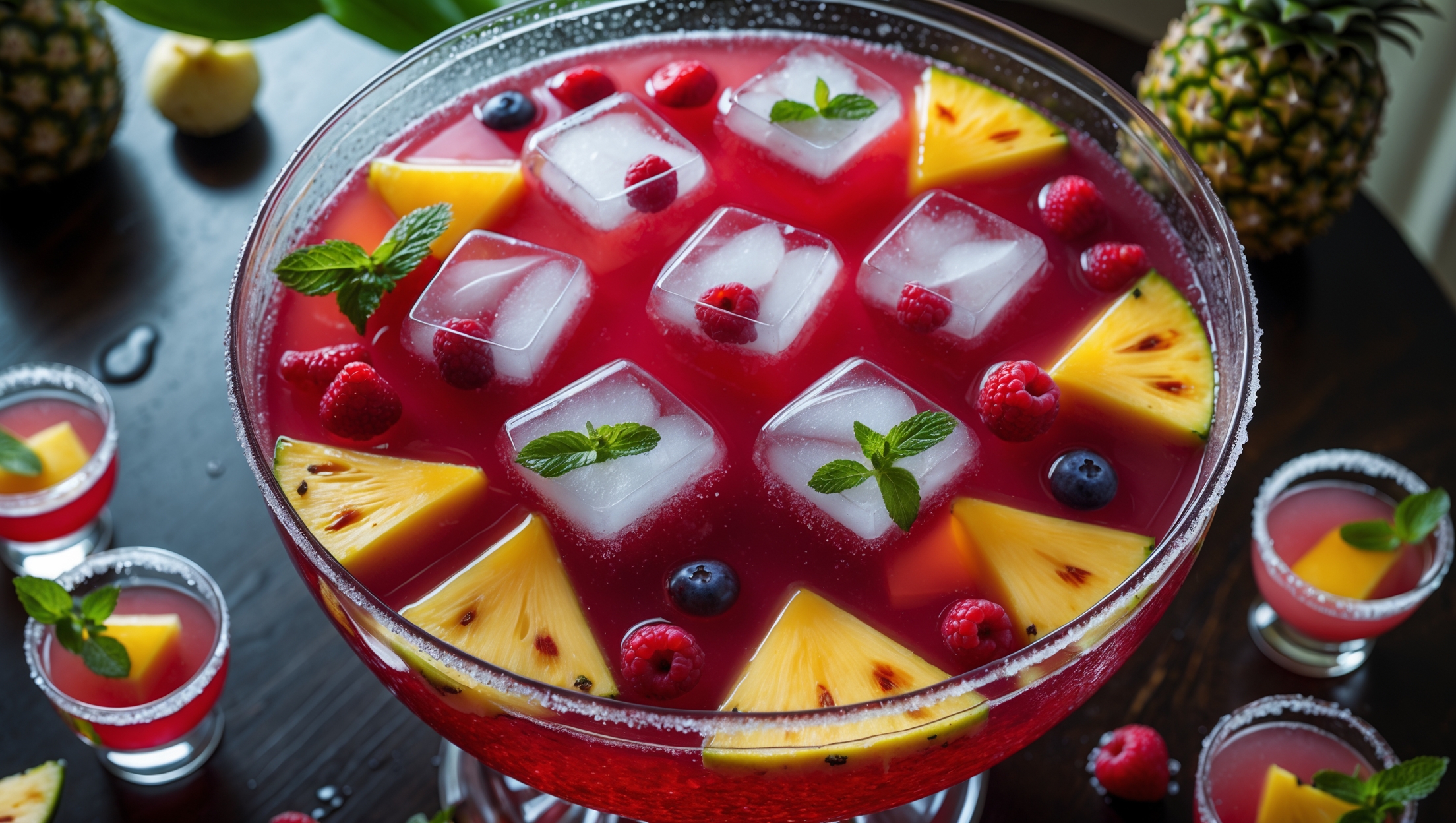 Overhead shot of a large glass punch bowl filled with ruby-red Jungle Juice Redux, surrounded by perfectly arranged fresh fruit slices. Ice cubes studded with embedded mint leaves and berries float atop the vibrant liquid, which catches the warm ambient light of a sophisticated dinner party. Condensation beads on the crystal-clear bowl, suggesting refreshing coldness. Small tasting glasses with sugared rims sit ready around the bowl, each garnished with pineapple wedges and mint sprigs. The setup sits on a dark wood table against a backdrop of subtle tropical decor elements, creating an elegant yet playful presentation that elevates this reimagined party classic.