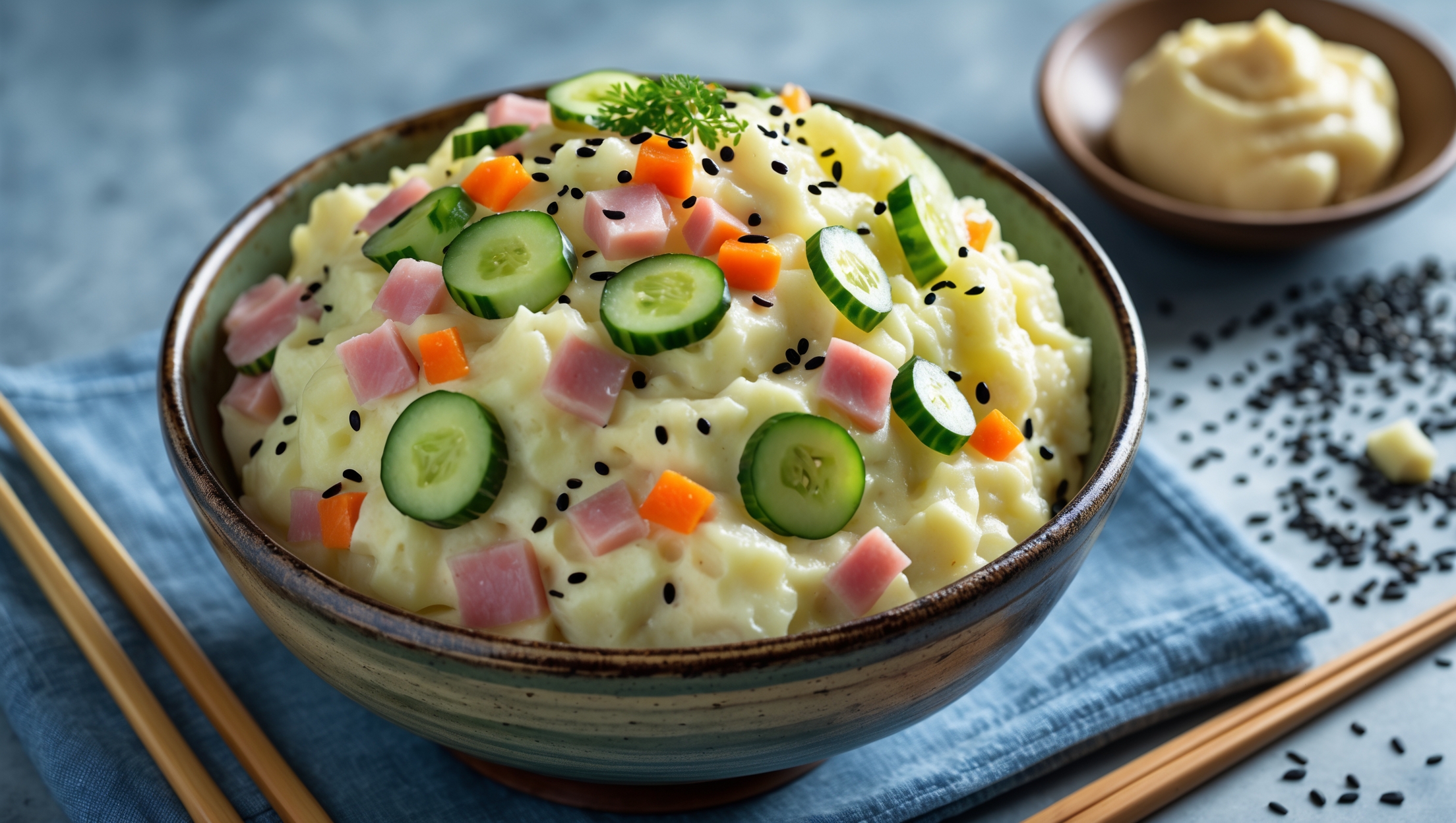 A glistening mound of Japanese potato salad served in a rustic ceramic bowl, shot from a 45-degree angle in soft natural light. The creamy, pale yellow potatoes are studded with vibrant green cucumber slices, specks of pink ham, and bright carrot pieces creating a colorful mosaic. Some potato salad is artfully arranged on a wooden spoon nearby, showing the semi-mashed texture with small potato chunks still visible. The scene is set on a blue linen napkin with chopsticks resting alongside, while scattered black sesame seeds and a small dish of additional Kewpie mayonnaise complete the composition, highlighting the dish's Japanese heritage.