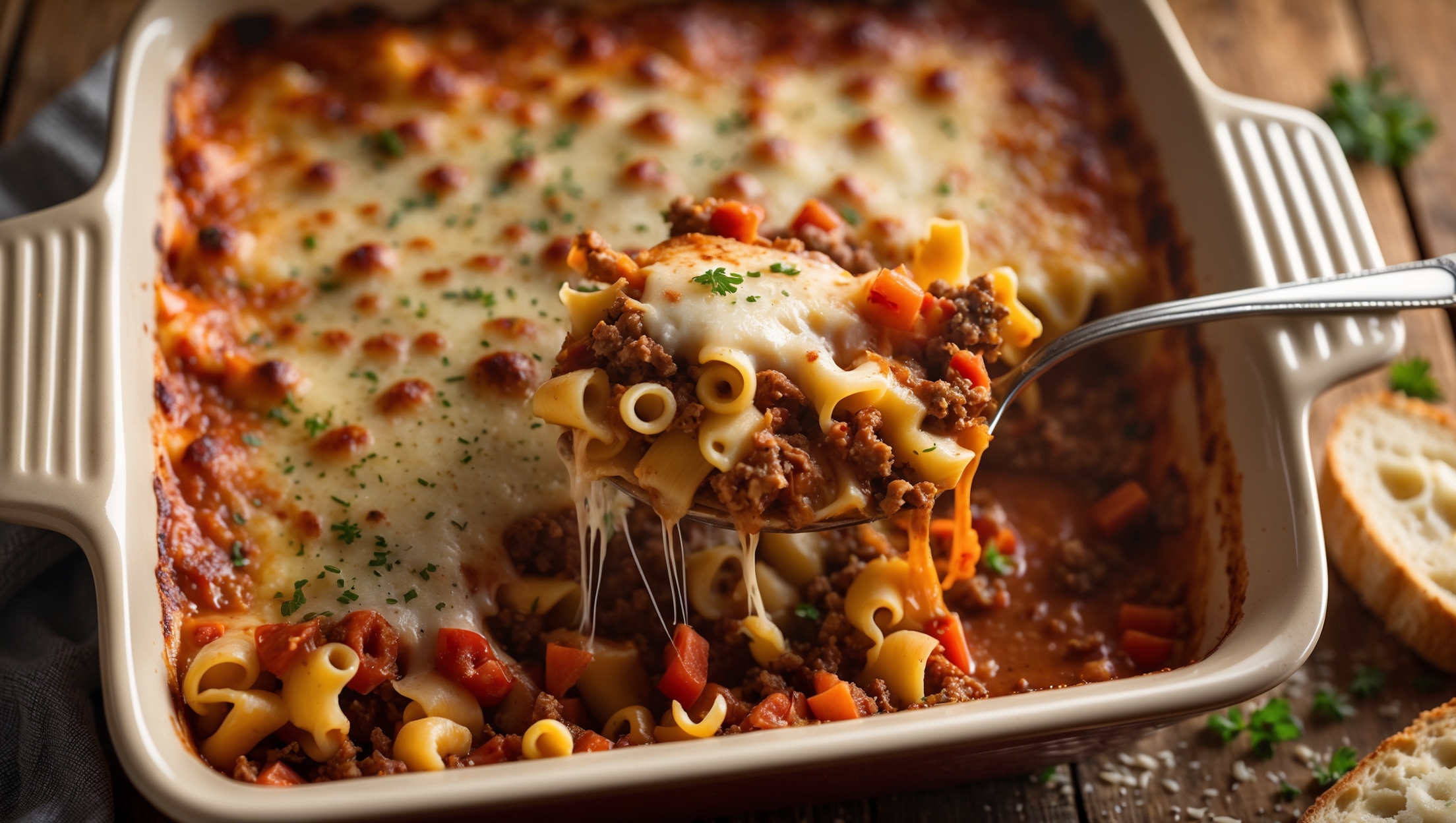 An overhead shot of a bubbling Johnny Marzetti Casserole fresh from the oven, captured in warm, golden-hour light. The rectangular ceramic baking dish showcases the rich, cheesy top layer with perfectly browned edges, while a serving spoon reveals the steaming interior of pasta, seasoned ground beef, and colorful vegetables. Melted cheese stretches as a portion is lifted, revealing layers of saucy tomato-based goodness beneath. The casserole sits on a rustic wooden table with scattered fresh herbs, a sprinkle of grated Parmesan, and crusty garlic bread alongside, suggesting a hearty family dinner setting.