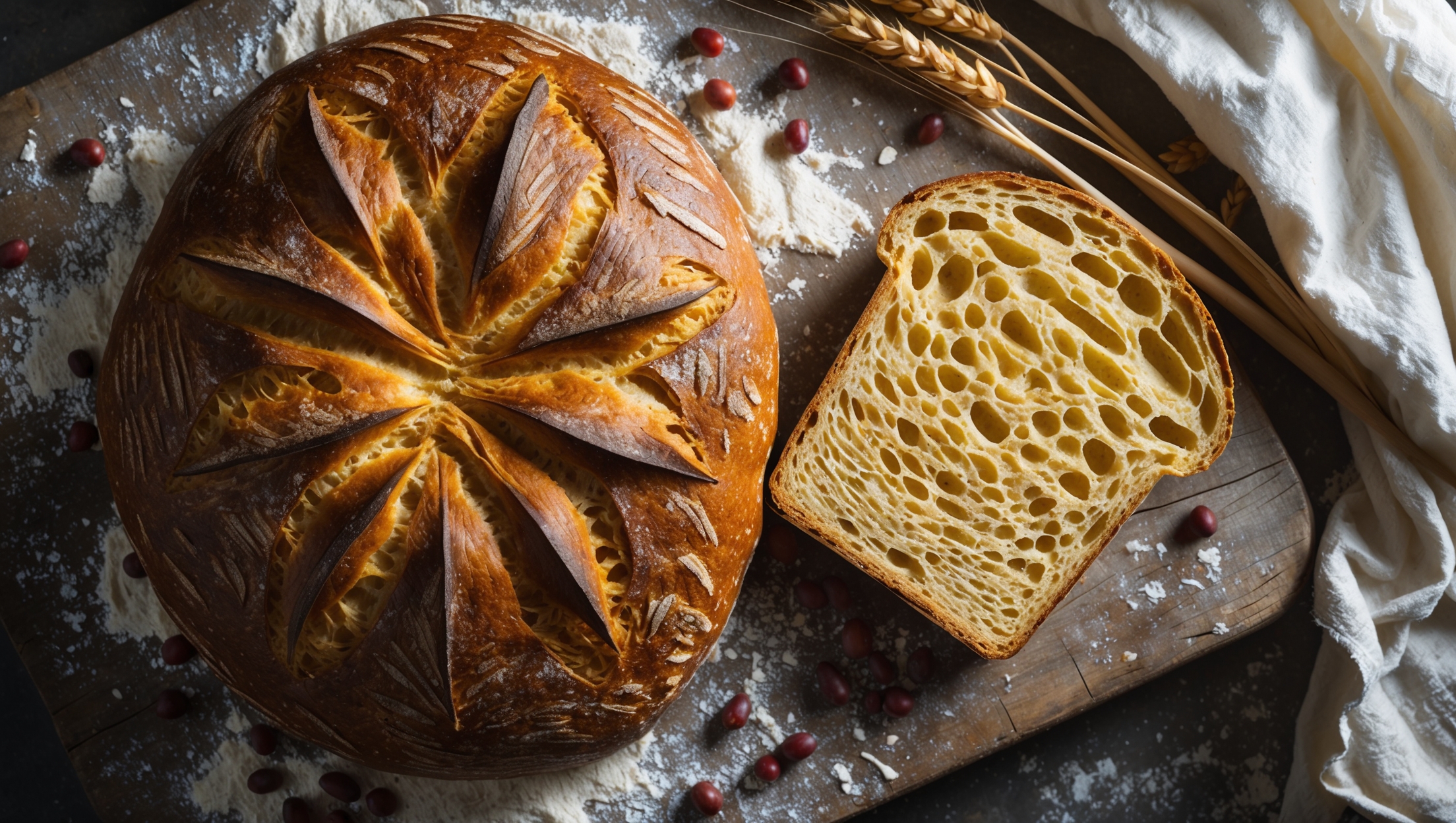 An overhead shot captures a rustic, artisanal Kamut bread loaf with its striking golden-amber crust, featuring decorative scoring marks that have opened beautifully during baking. A cross-section reveals the bread's characteristic yellowish crumb with an open, airy texture studded with visible Kamut flakes. The loaf rests on a weathered wooden board dusted with flour, with scattered Kamut berries and wheat stalks arranged artfully around it. Soft natural morning light streams in from the side, highlighting the bread's textural details and creating gentle shadows that emphasize its artisanal quality. A linen towel partially drapes the corner of the board, suggesting homemade warmth and craftsmanship.