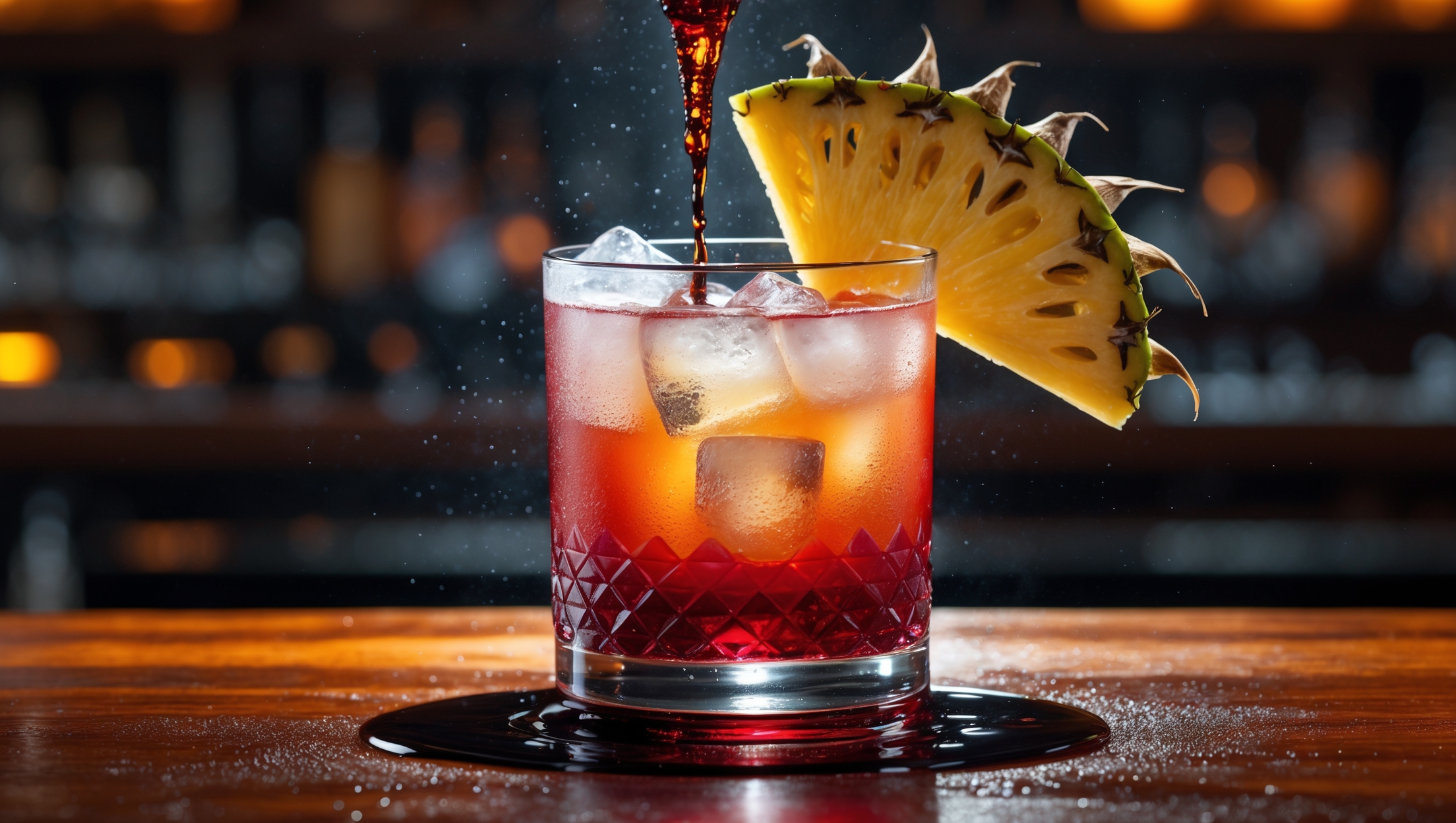 A low tumbler glass captures the striking ruby-amber gradient of the Jungle Bird, with light filtering through its depths to reveal subtle garnet reflections. The cocktail rests on a polished wooden bar top, condensation beading on the glass surface, while artisanal ice cubes glisten within. A distinctive garnish of fresh pineapple fronds emerges from the drink like tropical plumage, accompanied by a perfect wedge of pineapple perched on the rim. A splash of dark rum drizzles dramatically over the surface in a close-up shot, creating ripples across the drink's surface and releasing aromas of molasses and tropical fruit.