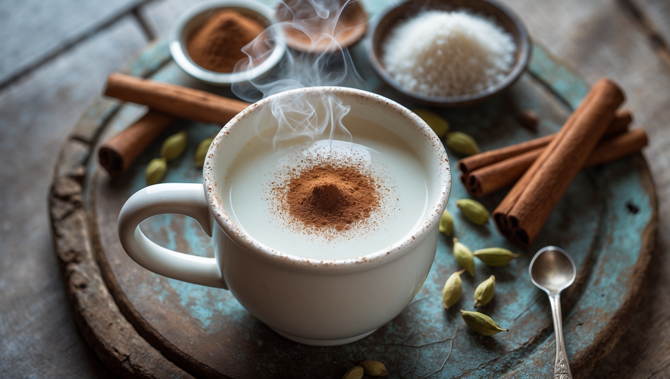 An overhead shot of a steaming white ceramic mug filled with the milky-white Kanji drink, its surface dusted with a fine layer of cinnamon and cardamom. Soft natural light streams in from the side, highlighting wisps of aromatic steam rising from the surface. In the background, whole cinnamon sticks, cardamom pods, and small dishes of raw rice and jaggery create a rustic tableau on a weathered wooden board. A vintage silver spoon rests alongside, partially dipped in the creamy mixture, showcasing its smooth, velvety consistency.