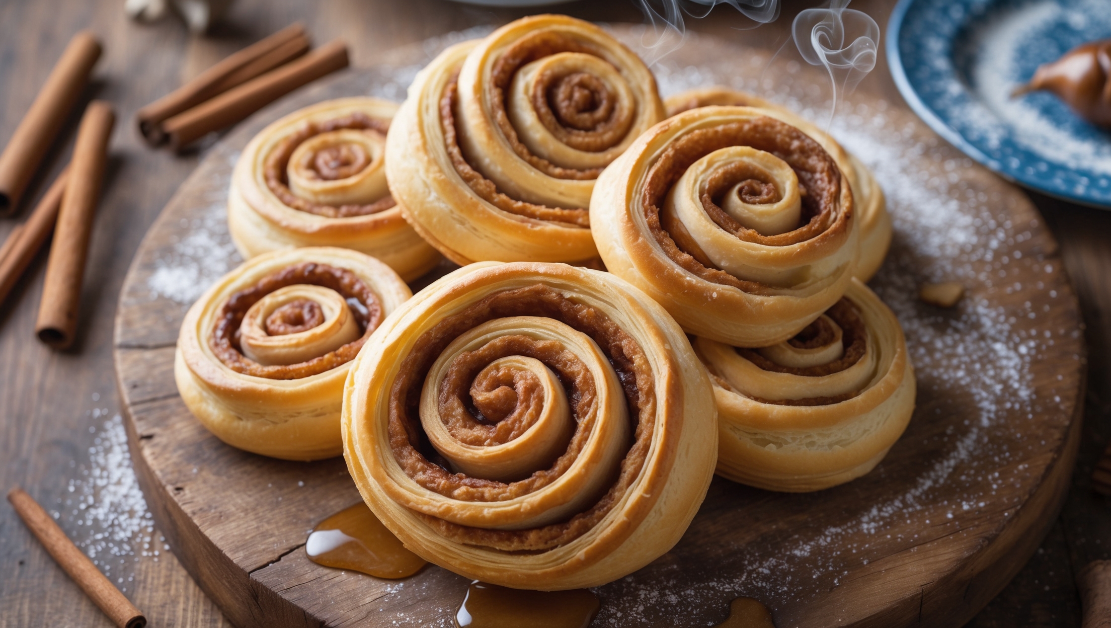 An overhead shot of freshly baked kanelsnegle arranged on a rustic wooden board, their golden-brown spirals glistening with vanilla glaze that drips enticingly down the sides. A cross-section view reveals delicate layers of flaky dough interspersed with rich cinnamon-sugar filling. Soft natural light highlights the contrast between the caramelized cinnamon swirls and the light pastry. In the background, scattered cinnamon sticks, a dusting of powdered sugar, and a vintage blue ceramic plate create a cozy Scandinavian atmosphere, while steam gently rises from a freshly cut snail, indicating its warmth and freshness.