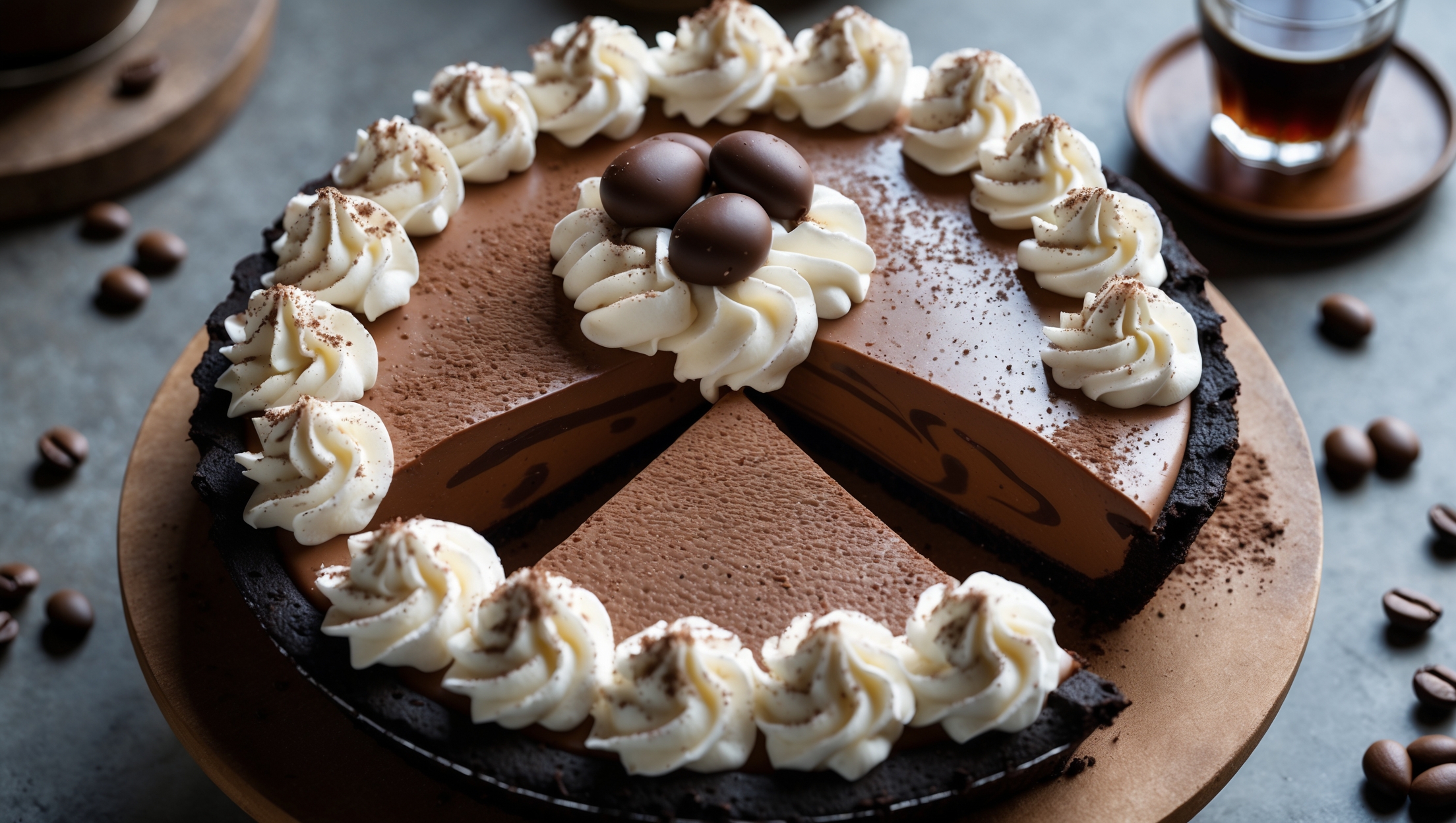 An overhead shot of a perfectly sliced Kahlúa Cream Pie revealing its luscious layers – a dark chocolate cookie crust supporting a velvety coffee-colored filling with subtle chocolate swirls. The pie is adorned with clouds of whipped cream piped in elegant rosettes, dusted with cocoa powder, and garnished with chocolate-covered espresso beans. Captured in soft natural light on a rustic wooden cake stand, the composition includes scattered coffee beans and a small glass of Kahlúa in the background, emphasizing the deep mocha tones and creamy textures that make this dessert irresistible.