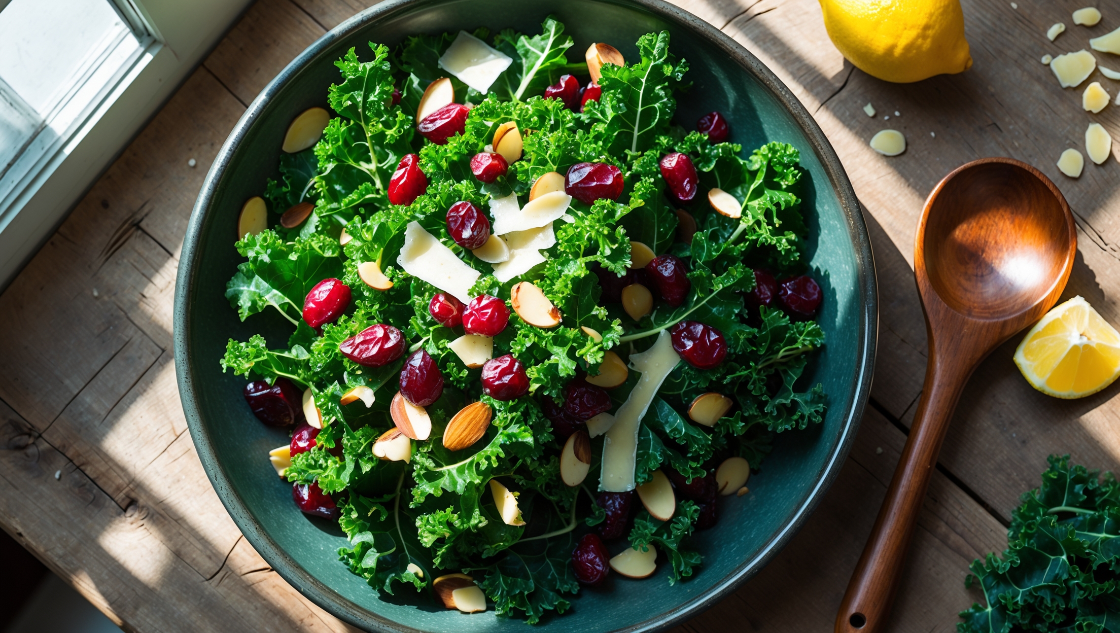 An overhead shot of a wide, shallow ceramic bowl filled with deep green kale leaves glistening with dressing. The salad is artfully arranged to showcase bright pops of ruby-red dried cranberries, golden toasted almond slivers, and shaved parmesan curls scattered throughout. Natural light streams in from a side window, highlighting the varied textures and creating appetizing shadows. A wooden serving spoon rests on the side of the bowl, while a halved lemon and small bowl of extra dressing sit nearby on a rustic wooden table, sprinkled with a few stray kale leaves and nuts for styling authenticity.
