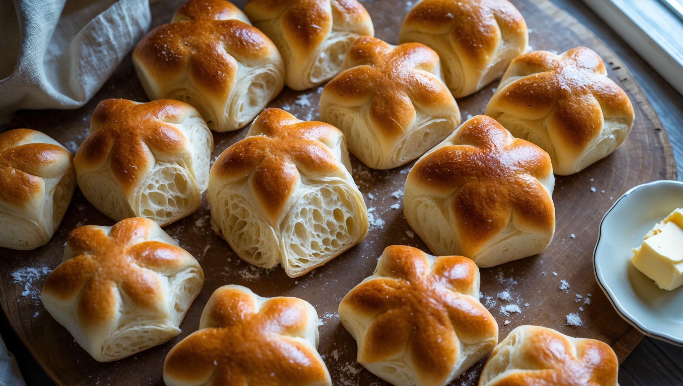 Overhead shot of freshly baked Kaiser rolls arranged on a rustic wooden board, their distinctive star-shaped tops gleaming with a deep golden-brown crust. A cross-section view reveals the perfectly airy, light interior crumb structure with delicate irregular holes. Soft natural light streams in from a side window, highlighting the contrast between the crusty exterior and tender inside. A light dusting of flour remains on the surface, while some rolls are artfully split open, revealing their pillowy centers. A linen napkin and small dish of butter complement the scene, with steam still visibly rising from the freshest roll.