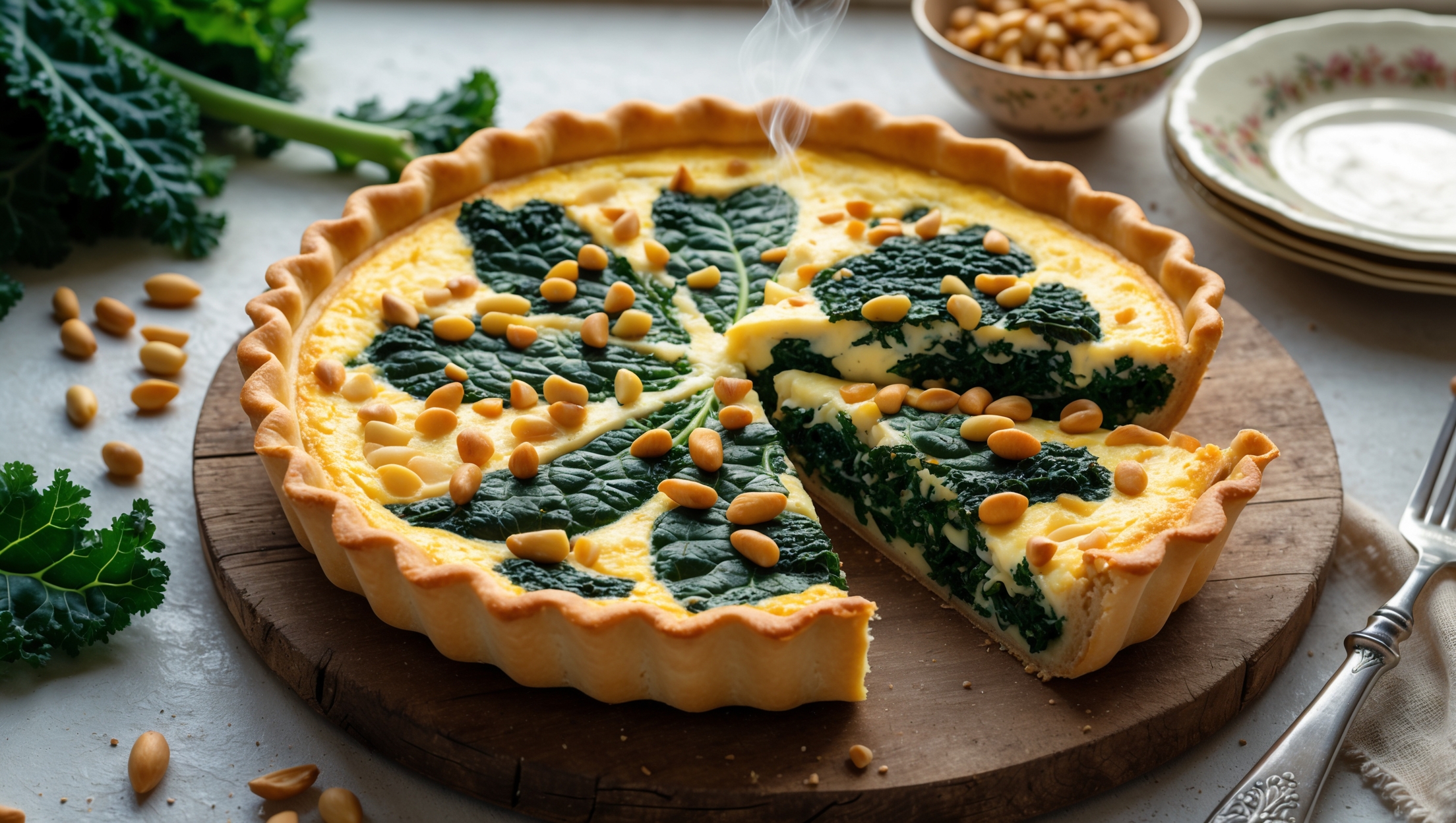 An overhead shot of a golden-brown quiche with a perfectly crimped crust, sliced to reveal the vibrant layers of deep green kale folded throughout a set custard filling, studded with toasted pine nuts that catch the light. Soft natural daylight streams in from a nearby window, highlighting the flaky texture of the buttery pastry. The quiche sits on a rustic wooden serving board alongside scattered fresh kale leaves and a small bowl of remaining pine nuts, with a vintage ceramic plate and silver fork positioned to suggest imminent enjoyment. Steam gently rises from the freshly cut slice, indicating it's warm from the oven and ready to be savored.