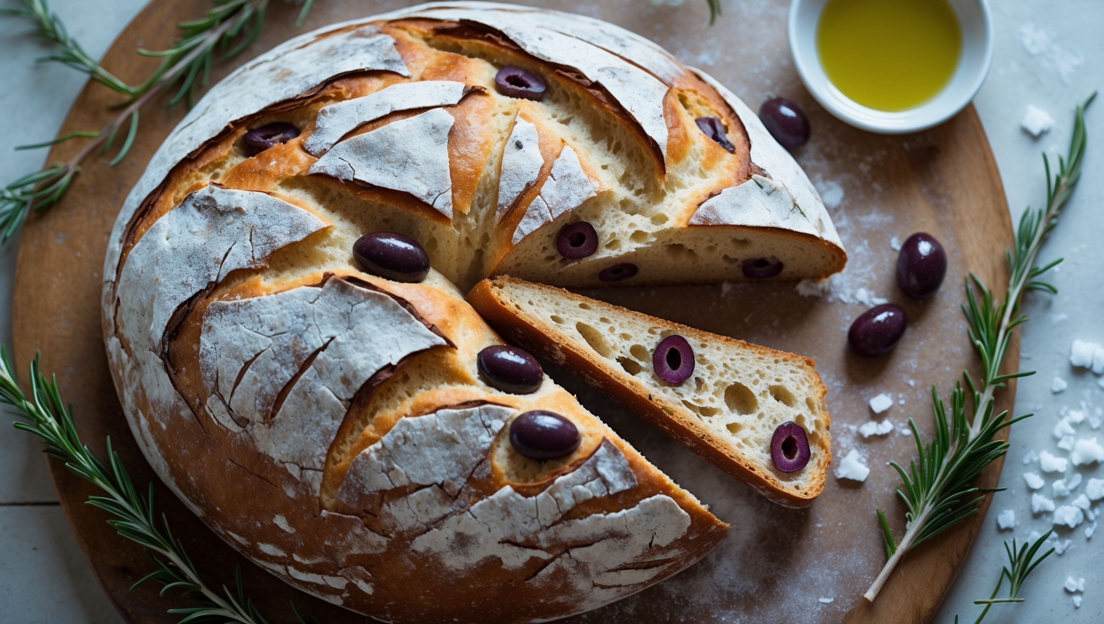 An overhead shot of a round Kalamata olive bread loaf with a rustic, flour-dusted crust showing beautiful cracks and splits. The cross-section reveals a tender crumb studded with purple-black olive pieces distributed throughout. Photographed in soft natural light on a weathered wooden board with sprigs of fresh rosemary, a small bowl of extra virgin olive oil, and scattered sea salt flakes. The bread's golden-brown exterior contrasts beautifully with the dark olives peeking through, while steam gently rises from the freshly cut slice, hinting at its warm, aromatic interior.