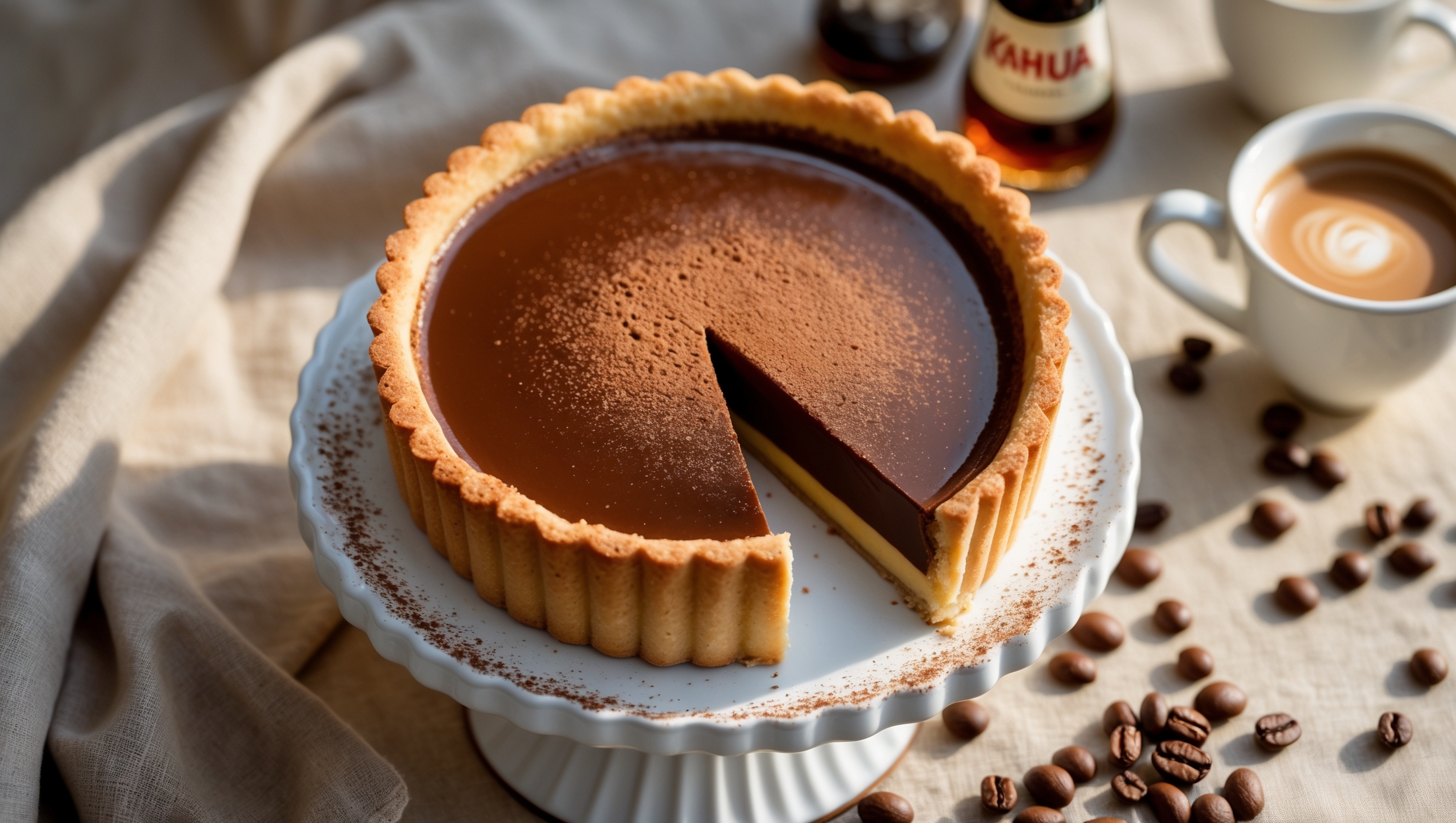 Overhead shot of a perfectly baked custard tart with a glossy, espresso-colored surface that catches the soft afternoon light. The shortcrust shell reveals a golden, flaky edge contrasting beautifully with the silky coffee-infused filling. A cross-section view shows the distinct layers: crisp pastry base, velvety Kahlúa coffee custard, and a light dusting of cocoa powder. Styled on a vintage white cake stand with scattered coffee beans, a small bottle of Kahlúa, and demitasse cups of espresso arranged alongside. The scene evokes a sophisticated coffee moment, with warm brown tones against a neutral linen tablecloth.