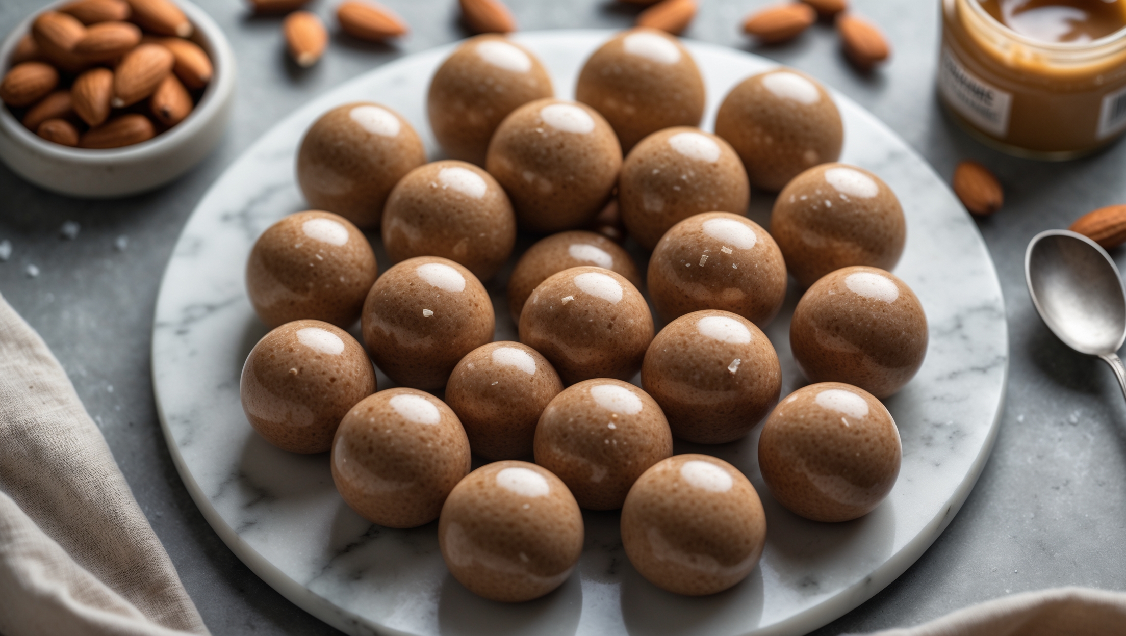 An overhead shot of perfectly formed keto fat bombs arranged in a spiral pattern on a sleek marble platter, their rich tan exterior glistening slightly in soft natural light. A cross-section view reveals the silky, dense interior texture with tiny visible specks of sea salt. In the background, scattered whole almonds and a small jar of premium almond butter create context, while a vintage silver spoon holding coconut oil adds dimension. The styling emphasizes the luxurious, treat-like quality while maintaining a clean, minimal aesthetic that highlights the bombs' smooth, fudge-like texture and subtle color variations from golden-brown to caramel.