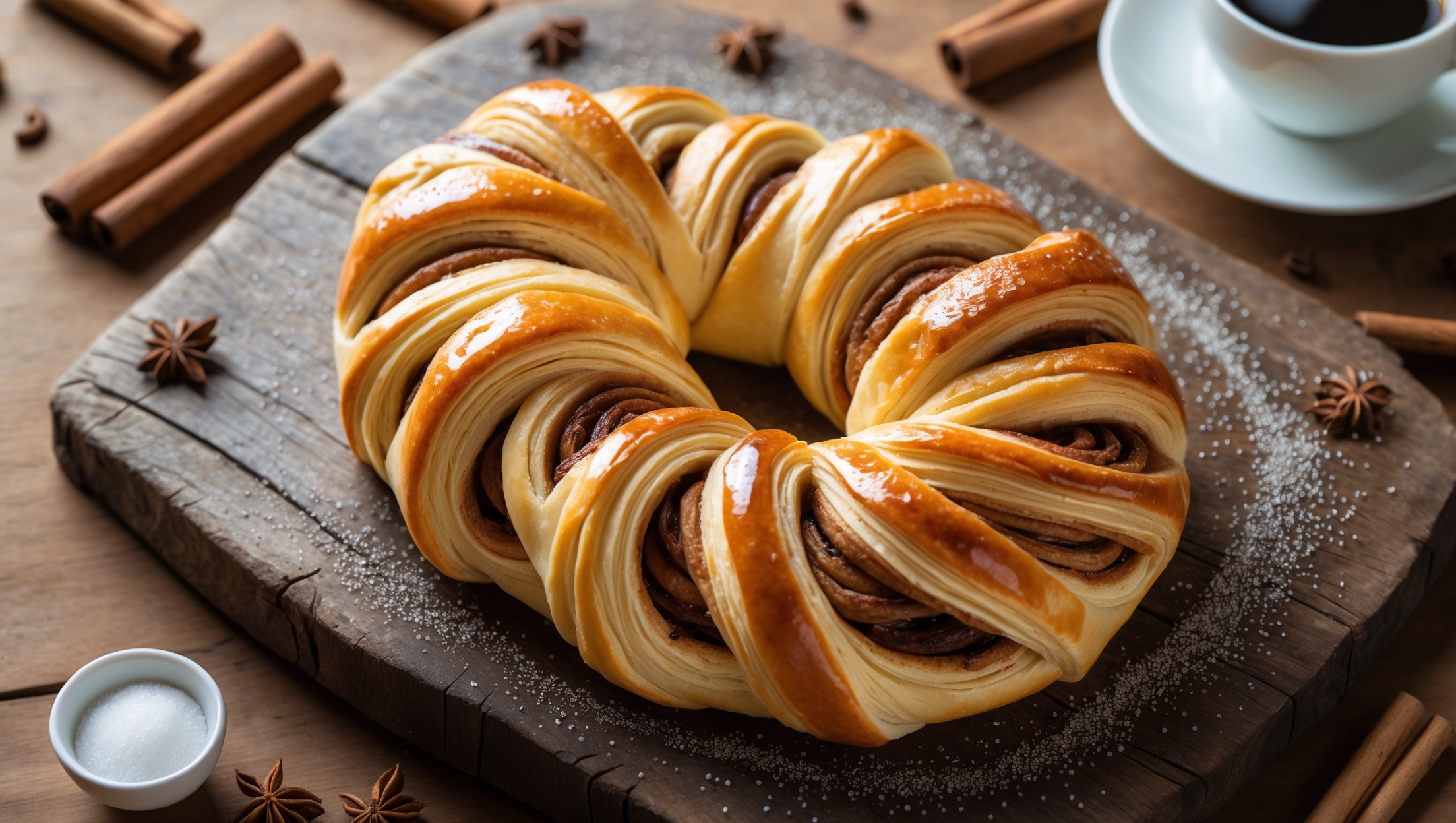 An overhead shot of the golden-brown kanelstang displayed on a rustic wooden serving board, showcasing its distinctive twisted shape with visible swirls of cinnamon filling peeking through the layers. A cross-section view reveals the flaky, laminated dough structure with spirals of rich cinnamon filling. The pastry glistens under soft natural light, highlighting its glossy egg-washed surface and the sparkle of pearl sugar crystals scattered across the top. Surrounding the pastry are scattered cinnamon sticks, a small bowl of pearl sugar, and a white ceramic cup of coffee, suggesting the perfect Scandinavian fika moment.