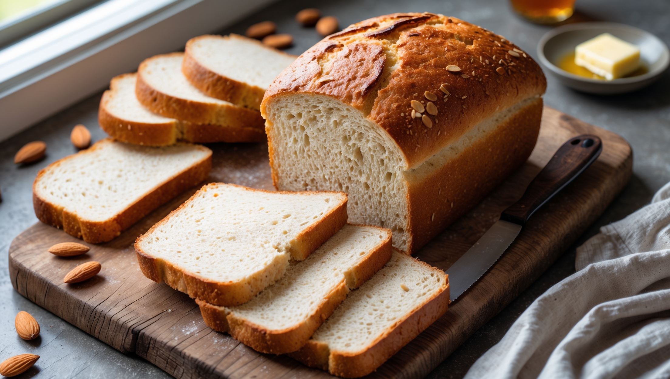 An overhead shot of a perfectly risen loaf of Keto Almond Flour Sandwich Bread with a golden-brown top crust, sliced to reveal its light and airy crumb structure. The bread sits on a rustic wooden cutting board, with several slices arranged beside the loaf showing its sturdy yet tender texture. Soft natural light streams in from a nearby window, highlighting the subtle flecks of almond throughout the pale interior. In the background, a small dish of grass-fed butter and a drizzle of honey suggest serving possibilities, while scattered almonds and a cloth napkin add texture to the composition. The bread's height and structure clearly demonstrate its sandwich-worthiness—a rare quality in keto baking.