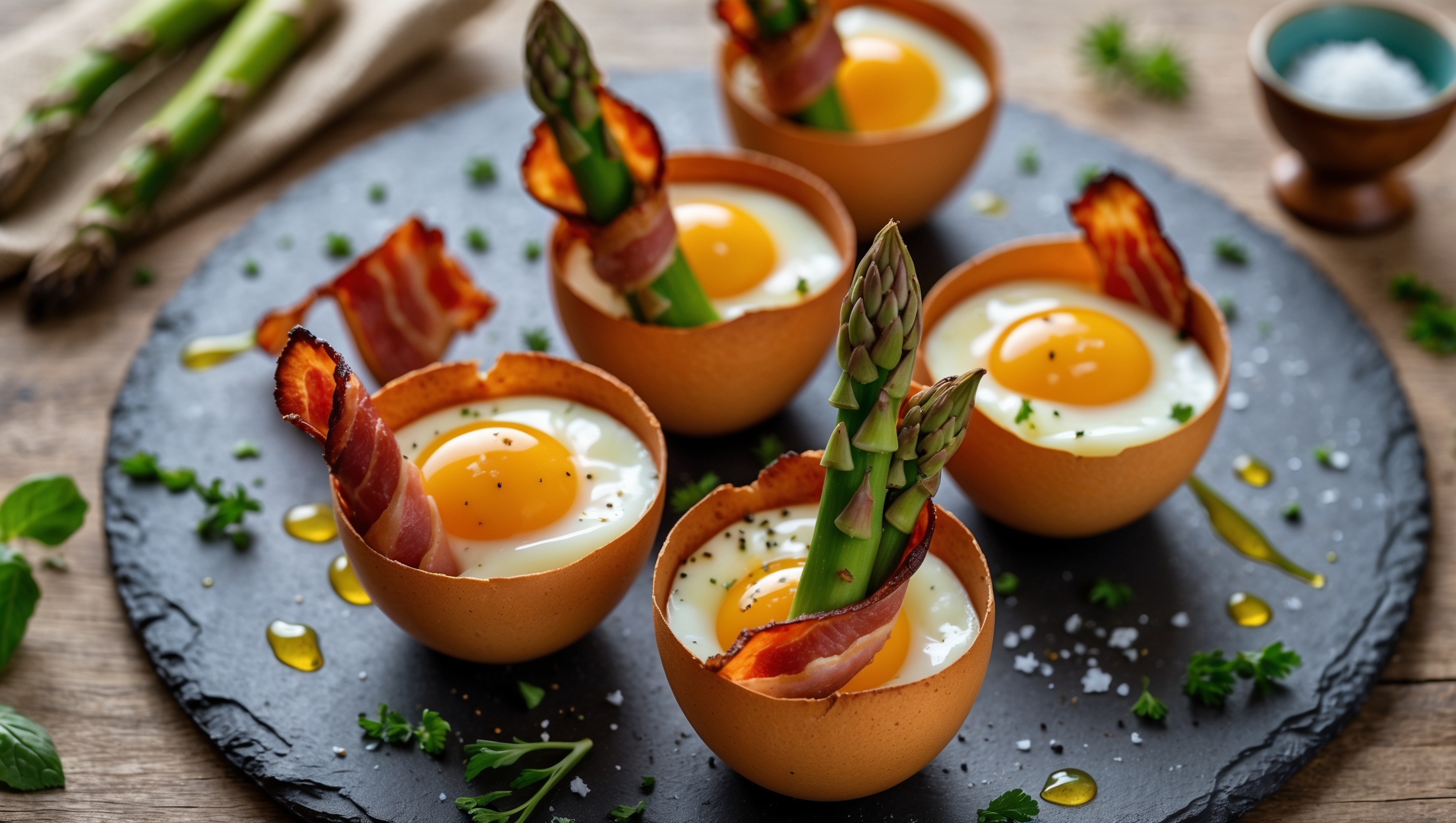 An overhead shot of six golden-brown egg cups arranged on a rustic slate serving platter, each showcasing a vibrant asparagus spear wrapped in crispy bacon emerging from the center. The cross-section view reveals perfectly set eggs with runny yolks creating a natural sauce. Soft natural morning light highlights the contrast between the glistening bacon, bright green asparagus, and creamy yellow eggs. Scattered fresh herbs, cracked black pepper, and a light dusting of smoked paprika add pops of color, while drops of olive oil catch the light. In the background, a small ramekin of flaky sea salt and a vintage egg cup holding an extra serving suggest a leisurely weekend brunch setting.