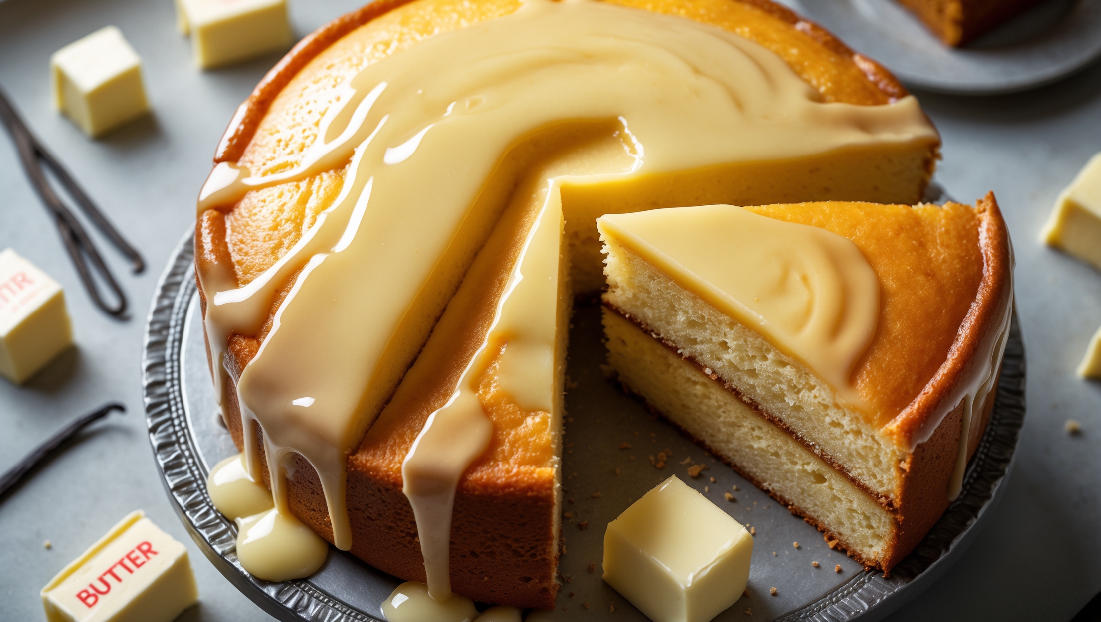 Overhead shot of a golden Kentucky Butter Cake on an heirloom cake stand, bathed in soft natural light that highlights its glistening butter glaze. A cross-section reveals the cake's exceptionally tender, fine-grained crumb with butter-yellow interior. Scattered around the base are vanilla pods and butter wrappers, suggesting the premium ingredients used. The glaze cascades down the sides, pooling slightly at the bottom, creating an irresistible shine that catches the light. A slice has been removed, showing how the glaze has penetrated the top layer, creating a thin, sweet crust that contrasts beautifully with the moist interior.