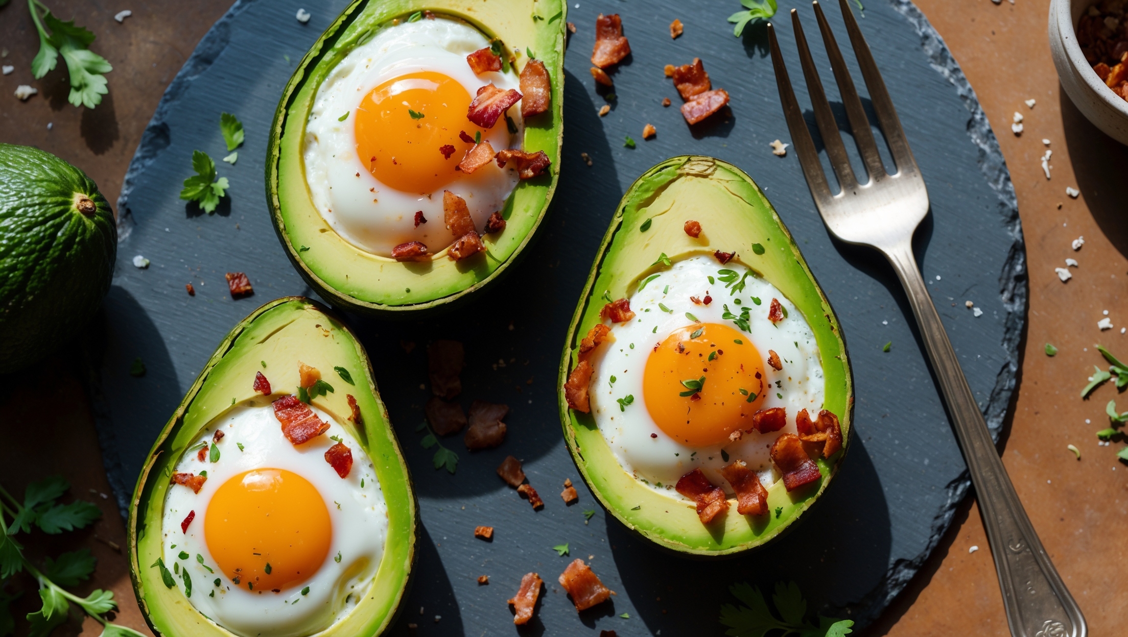 An overhead shot of vibrant green avocado halves cradling golden-yolked baked eggs on a rustic slate serving board. The morning sunlight highlights the contrasting textures - the creamy avocado flesh against the set egg whites with slightly runny yolks. Sprinkles of crispy bacon bits and melted cheese add appealing color variation, while a light dusting of red pepper flakes and fresh herbs creates visual interest. A vintage fork rests beside the boats, breaking the symmetry, while scattered fresh herbs and cracked black pepper in the background hint at the savory flavors in this low-carb breakfast creation.