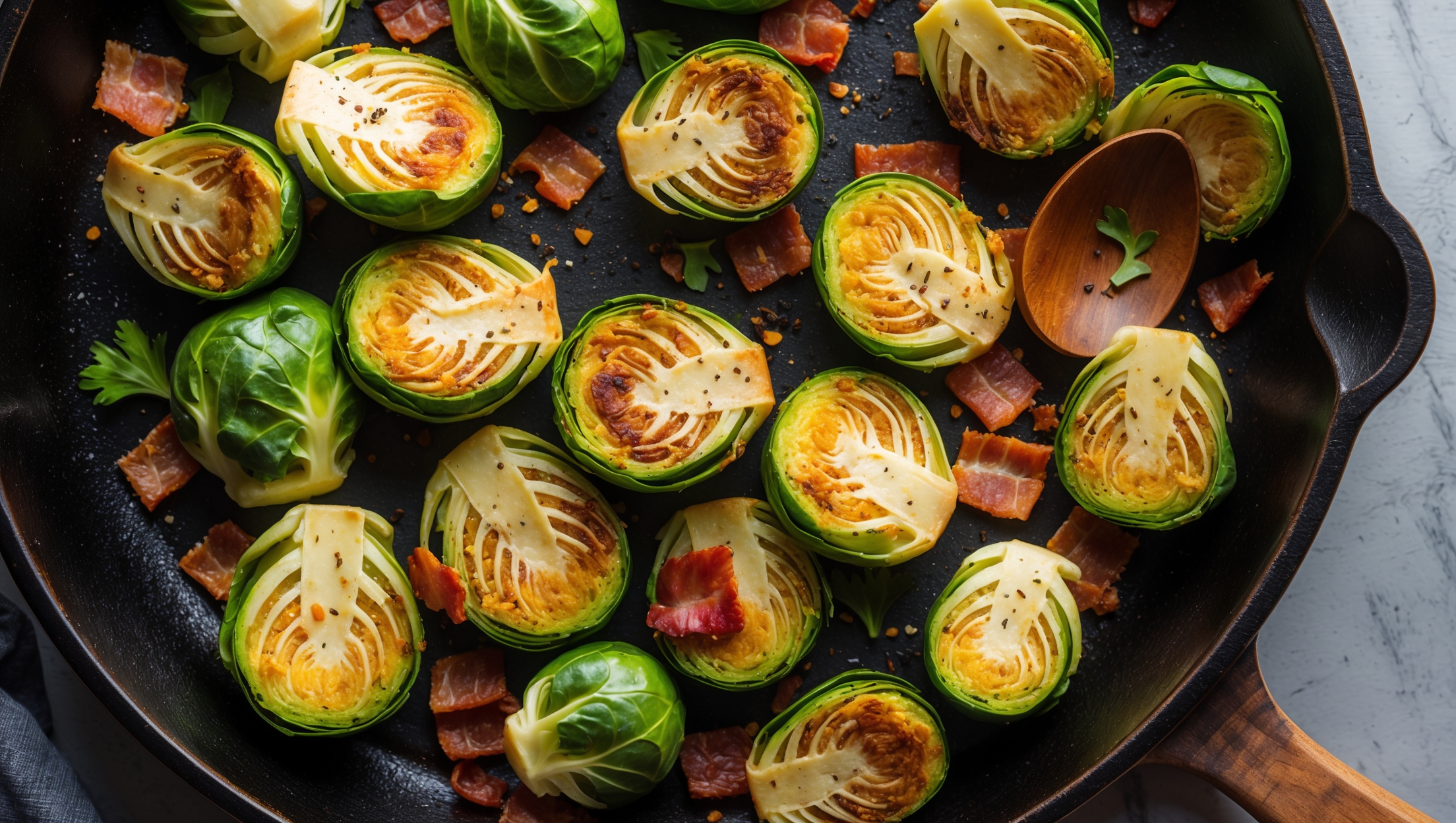An overhead shot of golden-brown Brussels sprouts with crispy edges arranged on a rustic cast iron skillet, each half glistening with a buttery Parmesan coating. Crispy bacon pieces are scattered throughout, creating a beautiful contrast against the deep green vegetables. The dish is captured in warm natural light that highlights the caramelized edges and the melted cheese that clings to each sprout. A wooden serving spoon rests at the edge of the skillet, and a sprinkle of fresh black pepper and red chili flakes adds visual texture. Steam rises gently from the hot dish, suggesting it's fresh from the oven, with scattered fresh parsley adding bright pops of green against the rich, savory background.