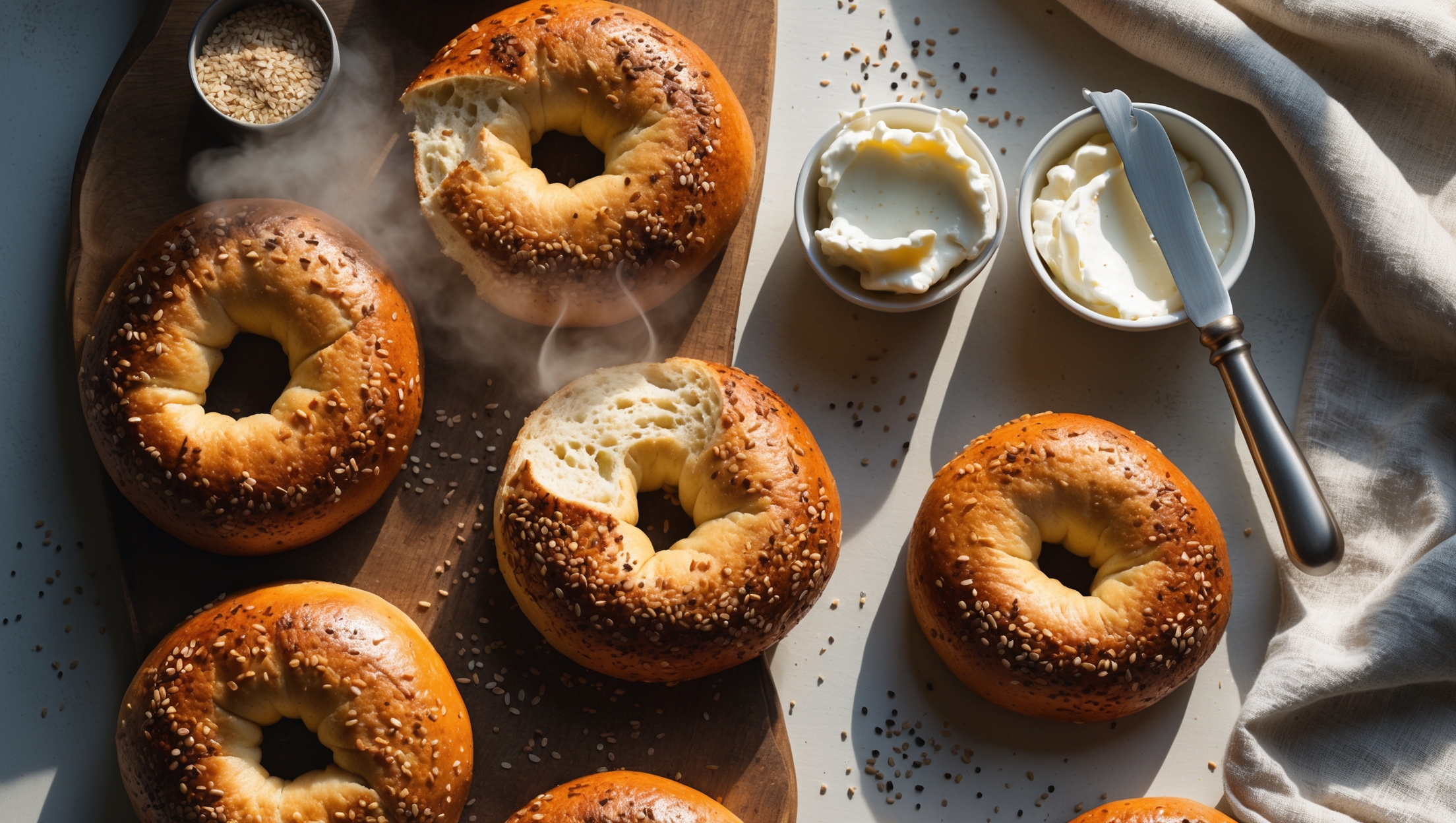 An overhead shot of six golden-brown almond flour bagels arranged on a rustic wooden board, with morning light casting gentle shadows across their textured surfaces. A cross-section view reveals the bagel's chewy exterior and soft, airy interior crumb structure. A small ramekin of cream cheese sits alongside with a silver spreading knife, while scattered sesame and poppy seeds create visual interest around the composition. Steam rises subtly from one freshly-cut bagel half, highlighting its warm, just-baked quality against a neutral linen napkin that adds texture to the scene.