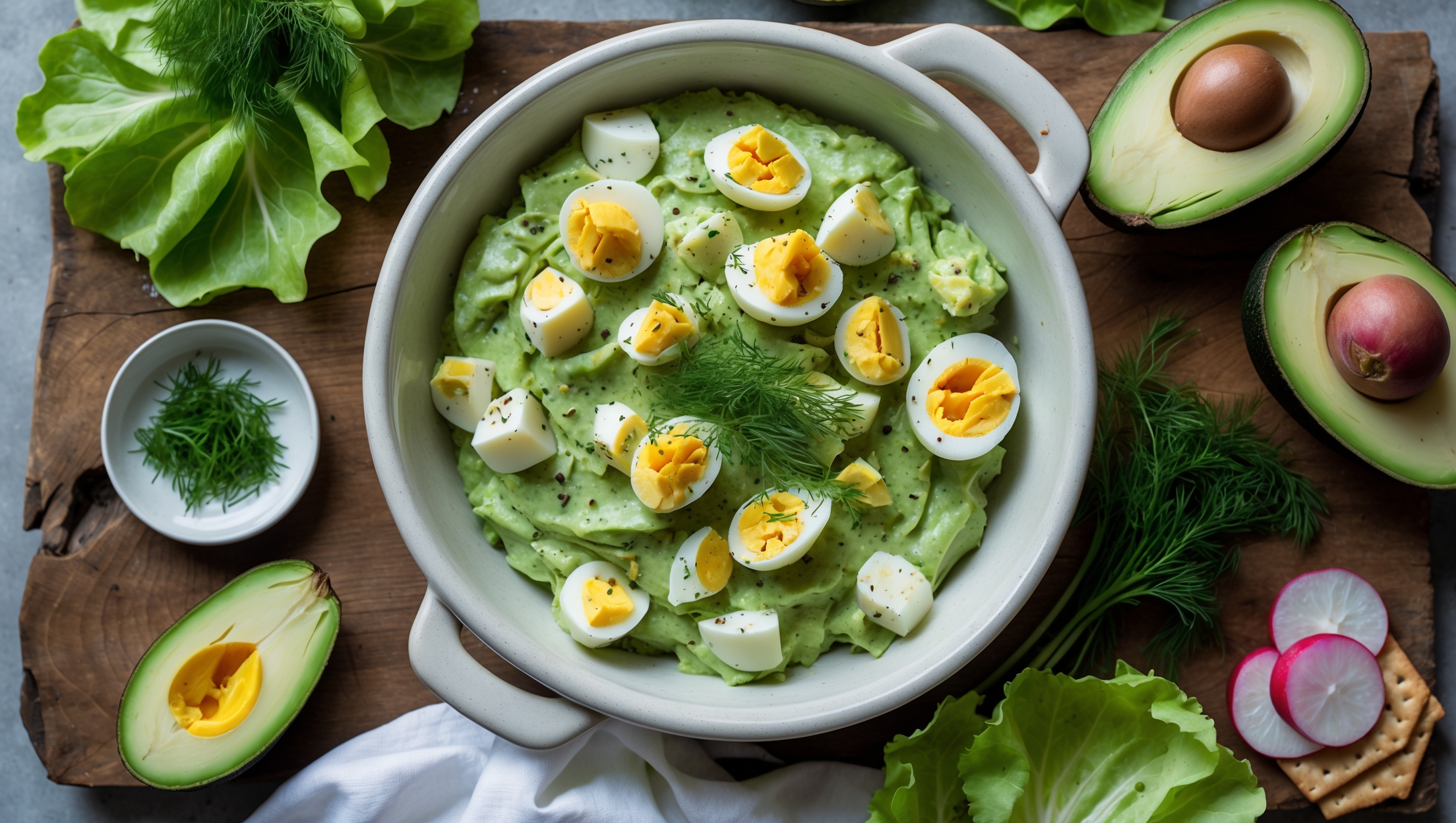 An overhead shot of a vibrant green avocado egg salad served in a white ceramic bowl, with visible chunks of perfectly boiled egg whites contrasting against the creamy avocado mixture. Natural window light highlights the varied textures - the smooth avocado base and distinct egg pieces studded with specks of black pepper and bright flecks of fresh dill. A rustic wooden board beneath holds small dishes of extra herbs, sliced radishes, and a halved avocado, while a few butter lettuce leaves and low-carb crackers are artfully arranged alongside for serving suggestions. The cool, refreshing colors of the dish appear invitingly creamy with visible drizzles of olive oil catching the light.