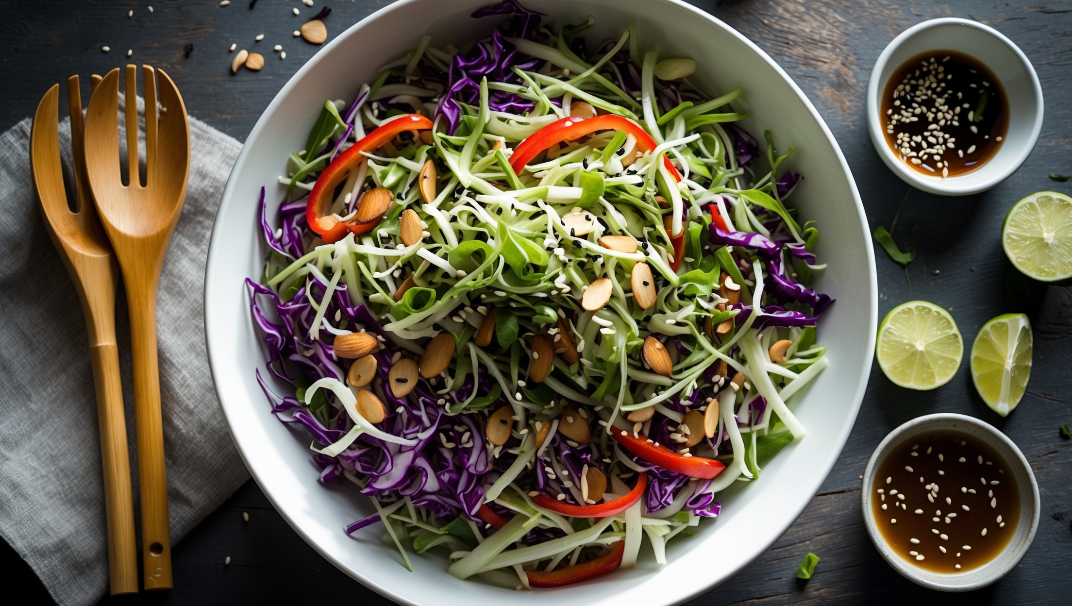 An overhead shot of a large white serving bowl filled with vibrant green and purple shredded cabbage creating a beautiful color contrast. Thin slices of red bell pepper, green onions, and toasted almonds are visible throughout, while black and white sesame seeds are scattered across the top, catching the soft natural light. The glossy sesame dressing drizzles over the salad, pooling slightly at the bottom of the bowl. The setting features bamboo serving utensils poised at the side, with a small dish of extra sesame dressing and lime wedges arranged on a textured wooden table, emphasizing the fresh, Asian-inspired nature of this keto creation.